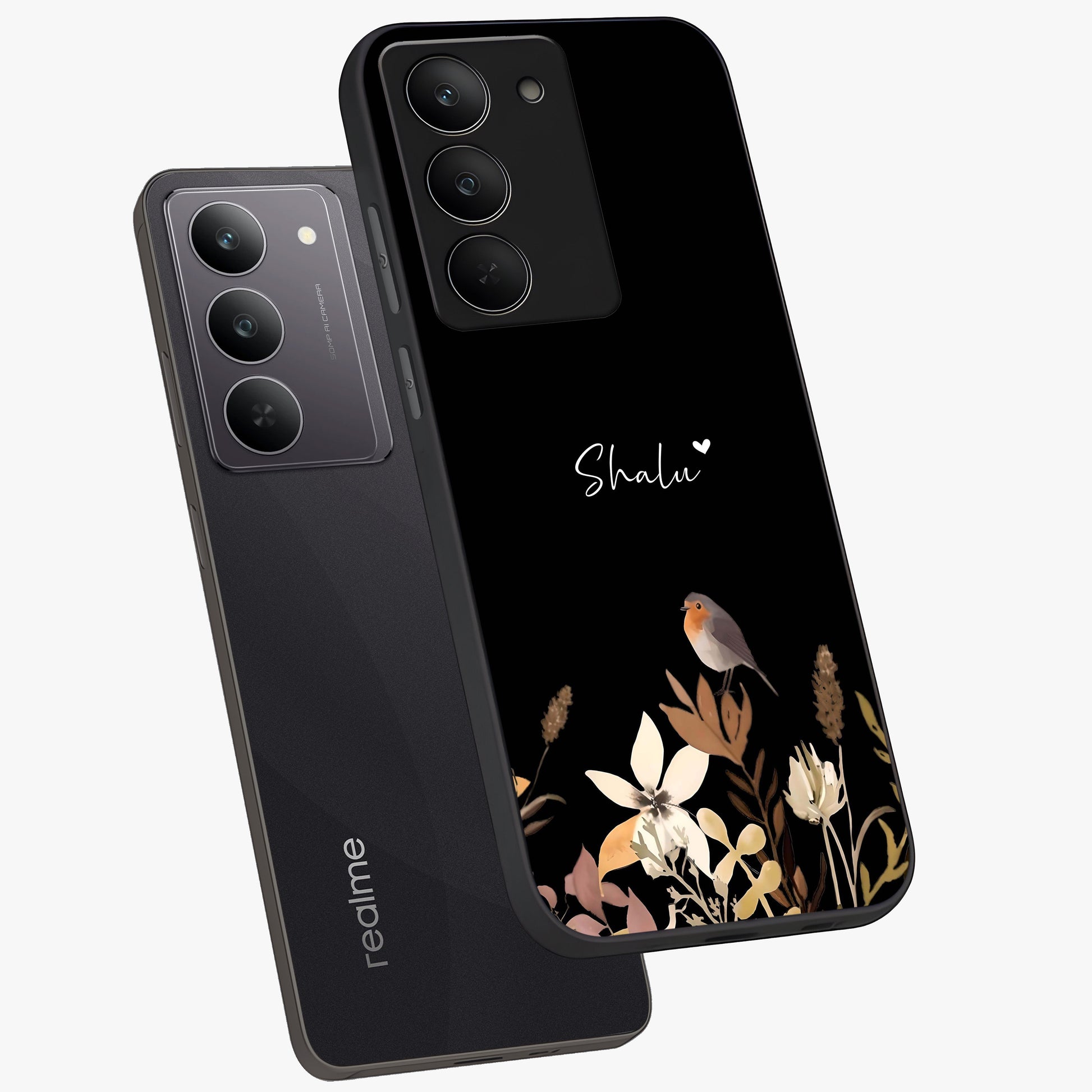 Quiet Garden Tune Custom Name Glass Case displayed in angled mockup highlighting delicate floral garden design with custom name feature.