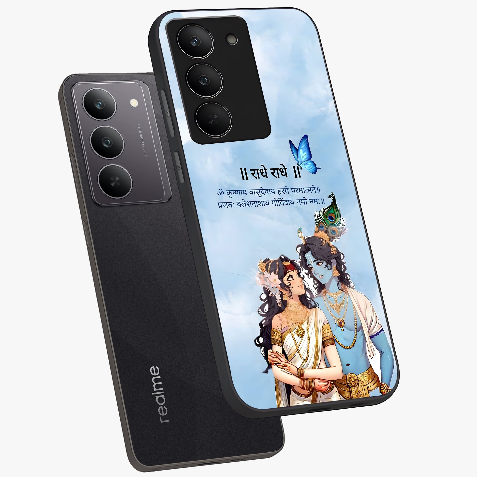 Radha Krishna Eternal Glass Case displayed in angled mockup highlighting divine Radha Krishna illustration with spiritual aesthetic.