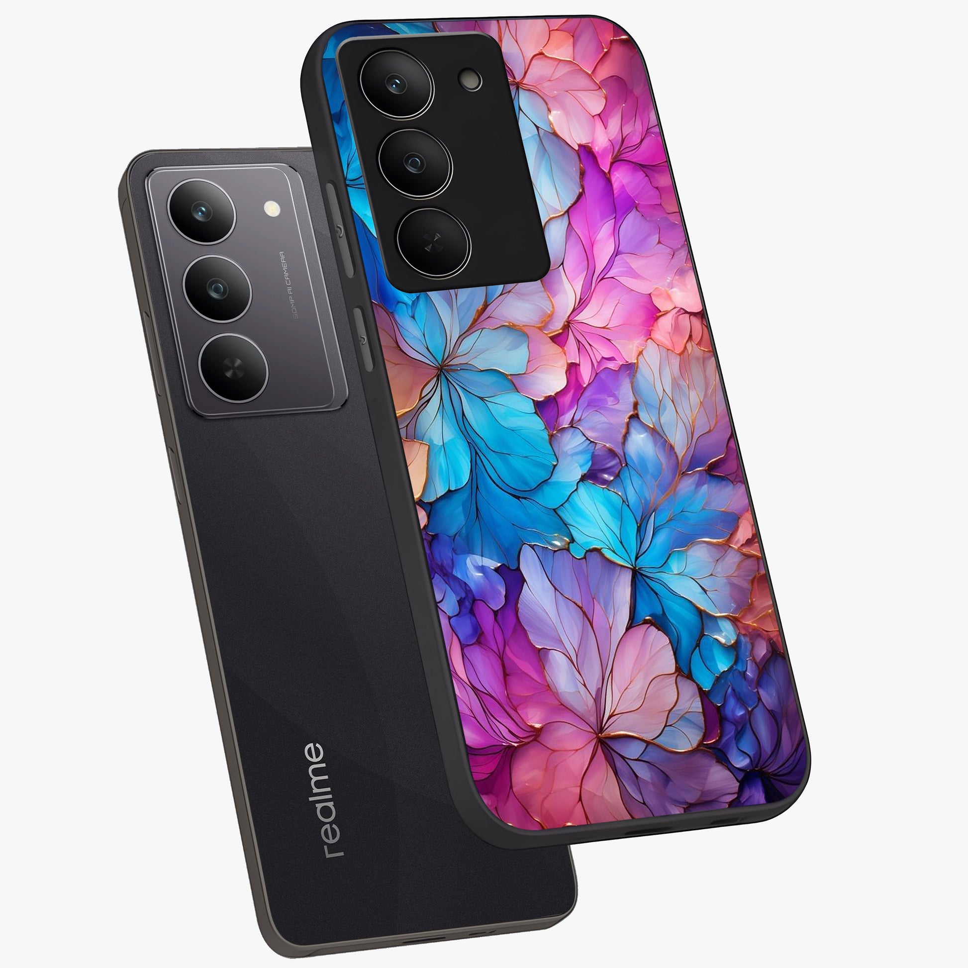 Radiant Floral Whirl Glass Case displayed in angled mockup highlighting vibrant flower pattern with dynamic artistic aesthetic.