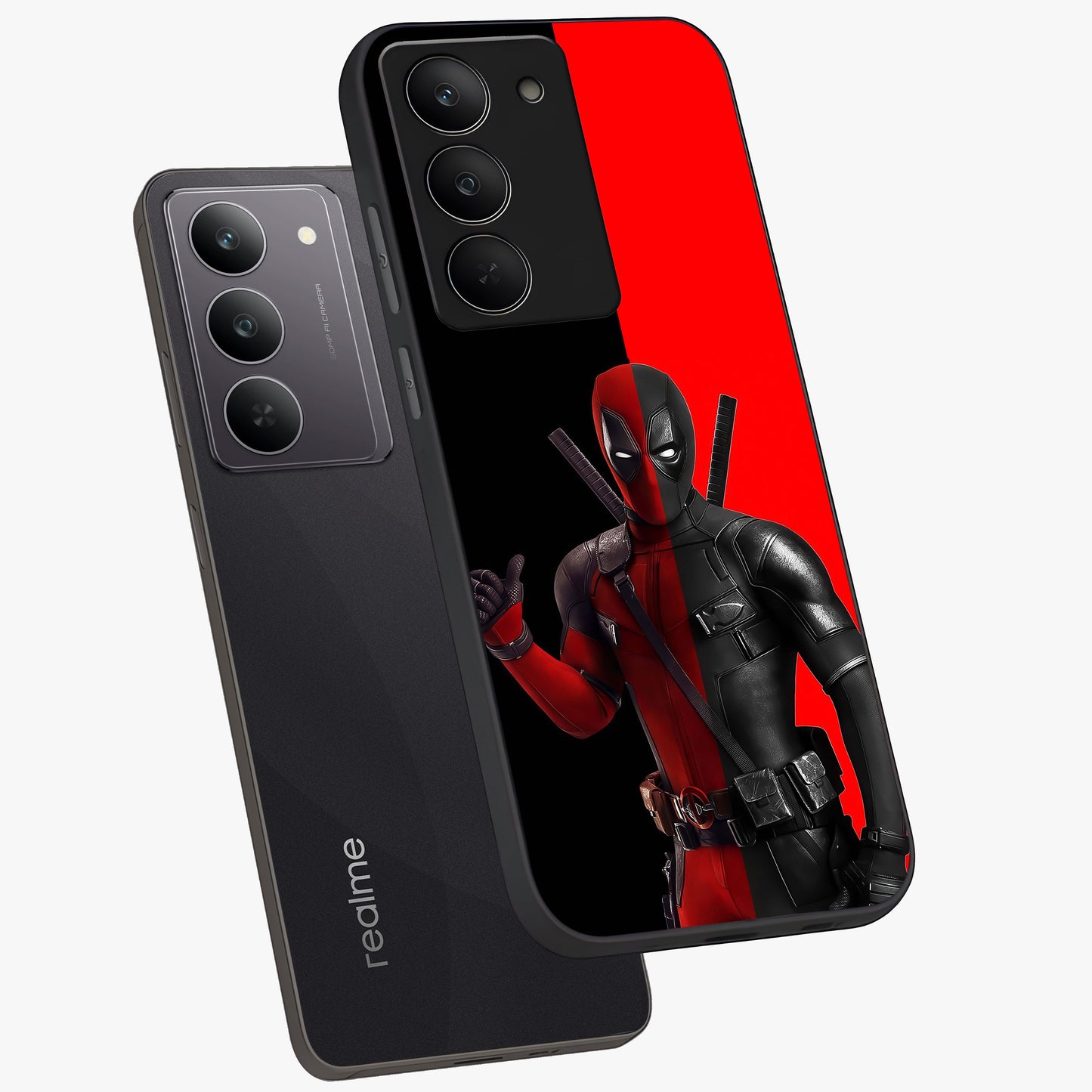 Red & Black Deadpool Theme Glass Case displayed in angled mockup highlighting vibrant superhero style illustration with action aesthetic.