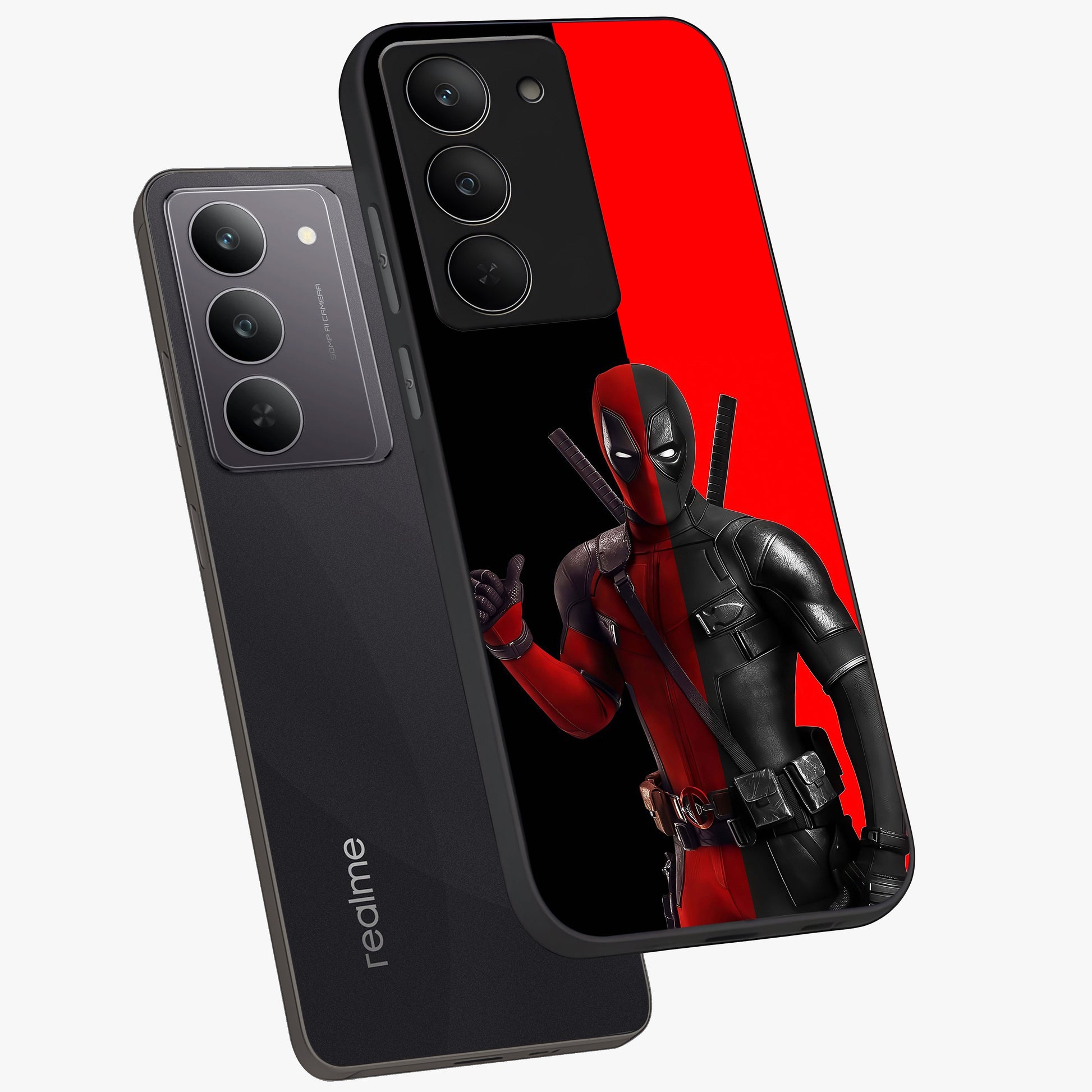 Red & Black Deadpool Theme Glass Case displayed in angled mockup highlighting vibrant superhero style illustration with action aesthetic.