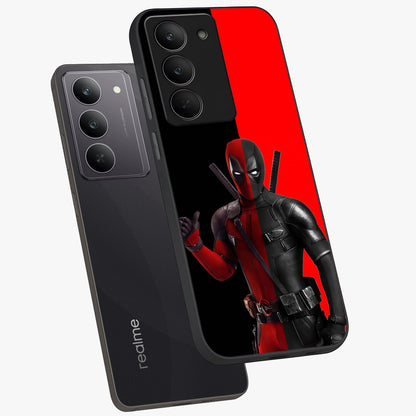Red & Black Deadpool Theme Glass Case displayed in angled mockup highlighting vibrant superhero style illustration with action aesthetic.