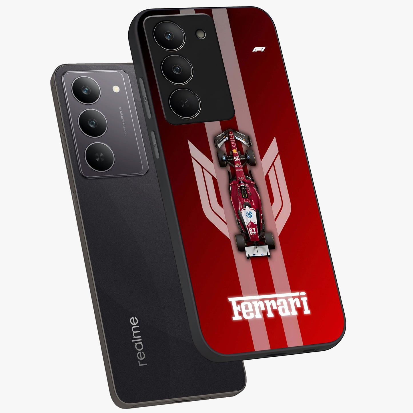 Red Ferrari F1 Vertical Glass Case displayed in angled mockup highlighting high speed racing design with bold automotive aesthetic.