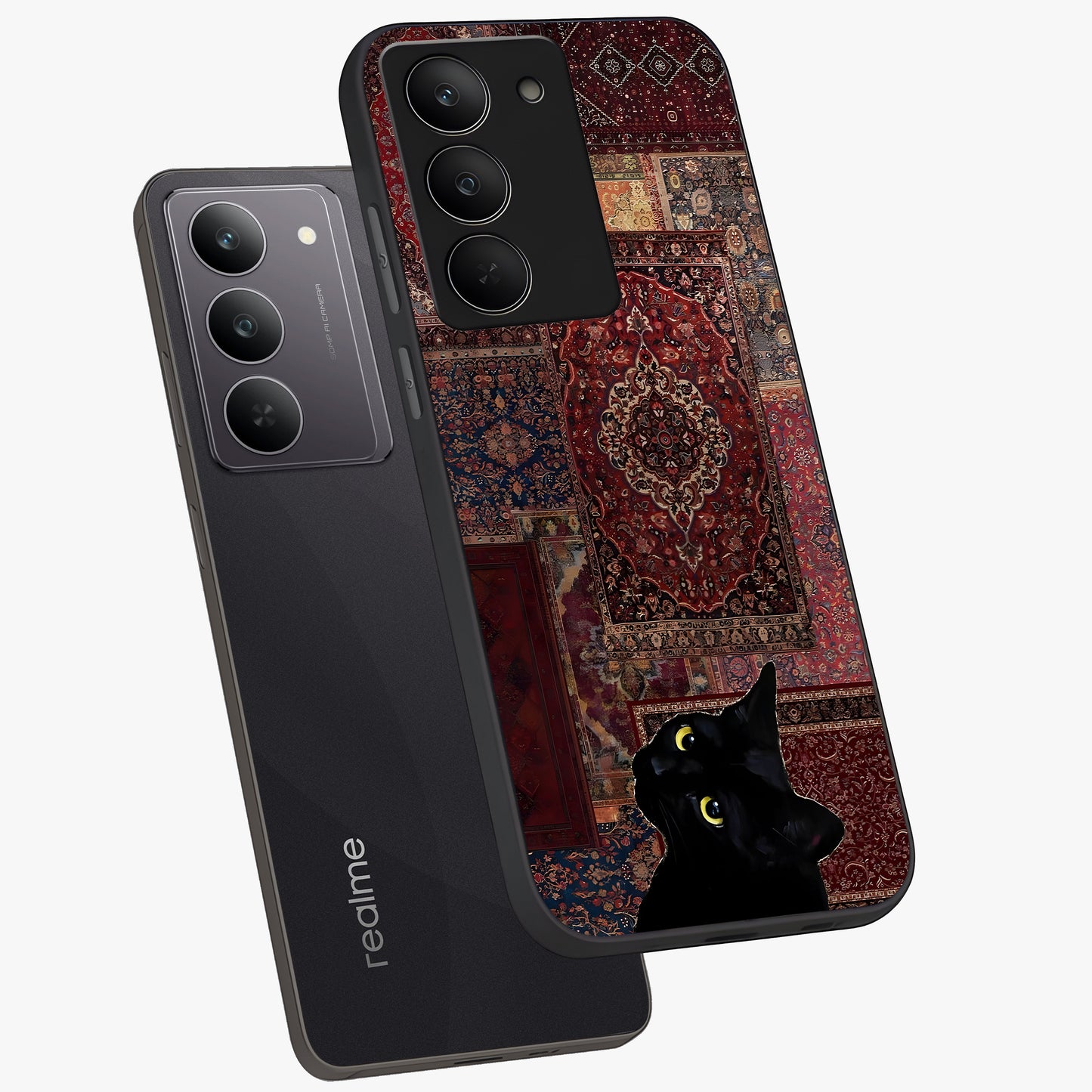 Regal Magic Cat Apple Glass Case displayed in angled mockup highlighting whimsical feline design with fantasy aesthetic.