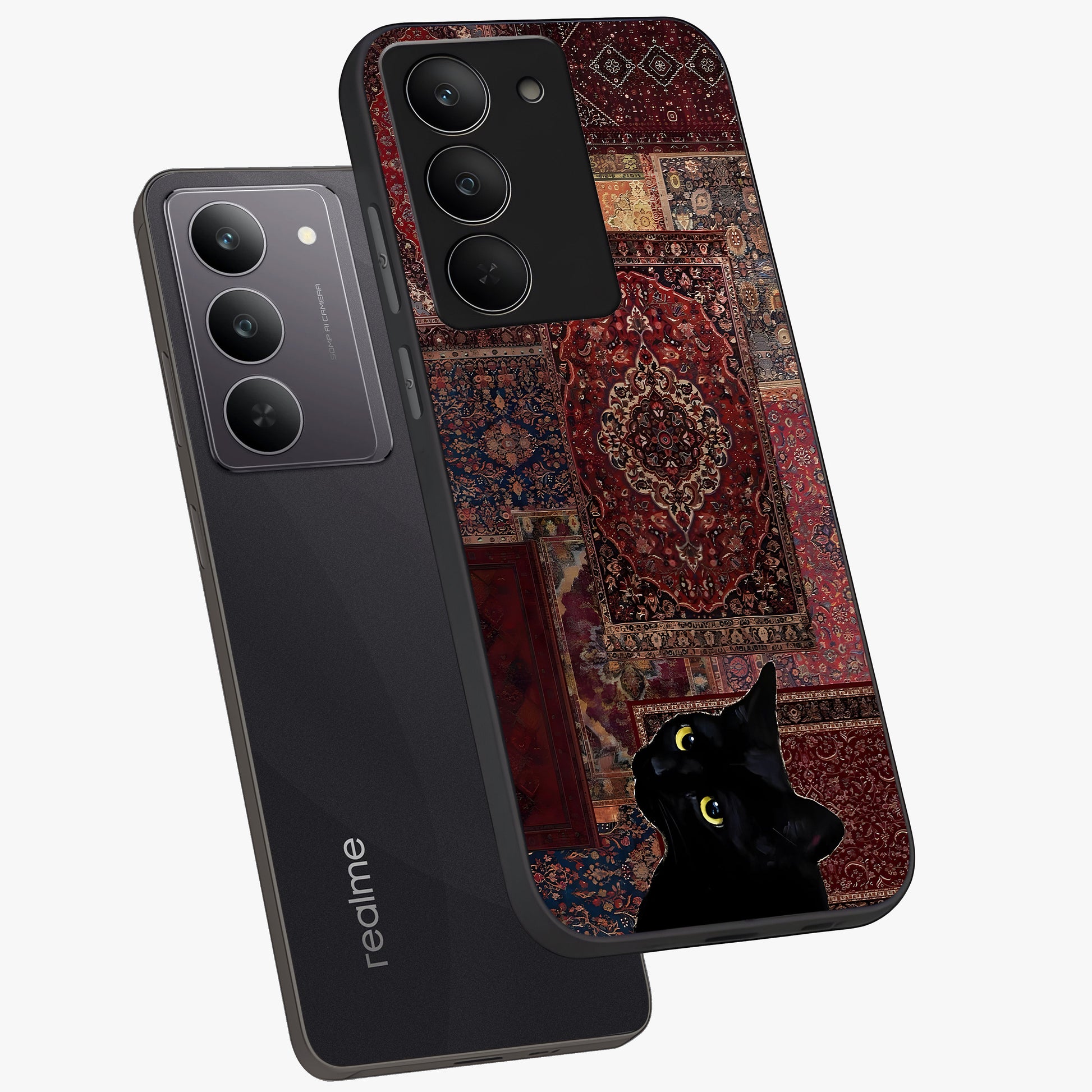 Regal Magic Cat Apple Glass Case displayed in angled mockup highlighting whimsical feline design with fantasy aesthetic.