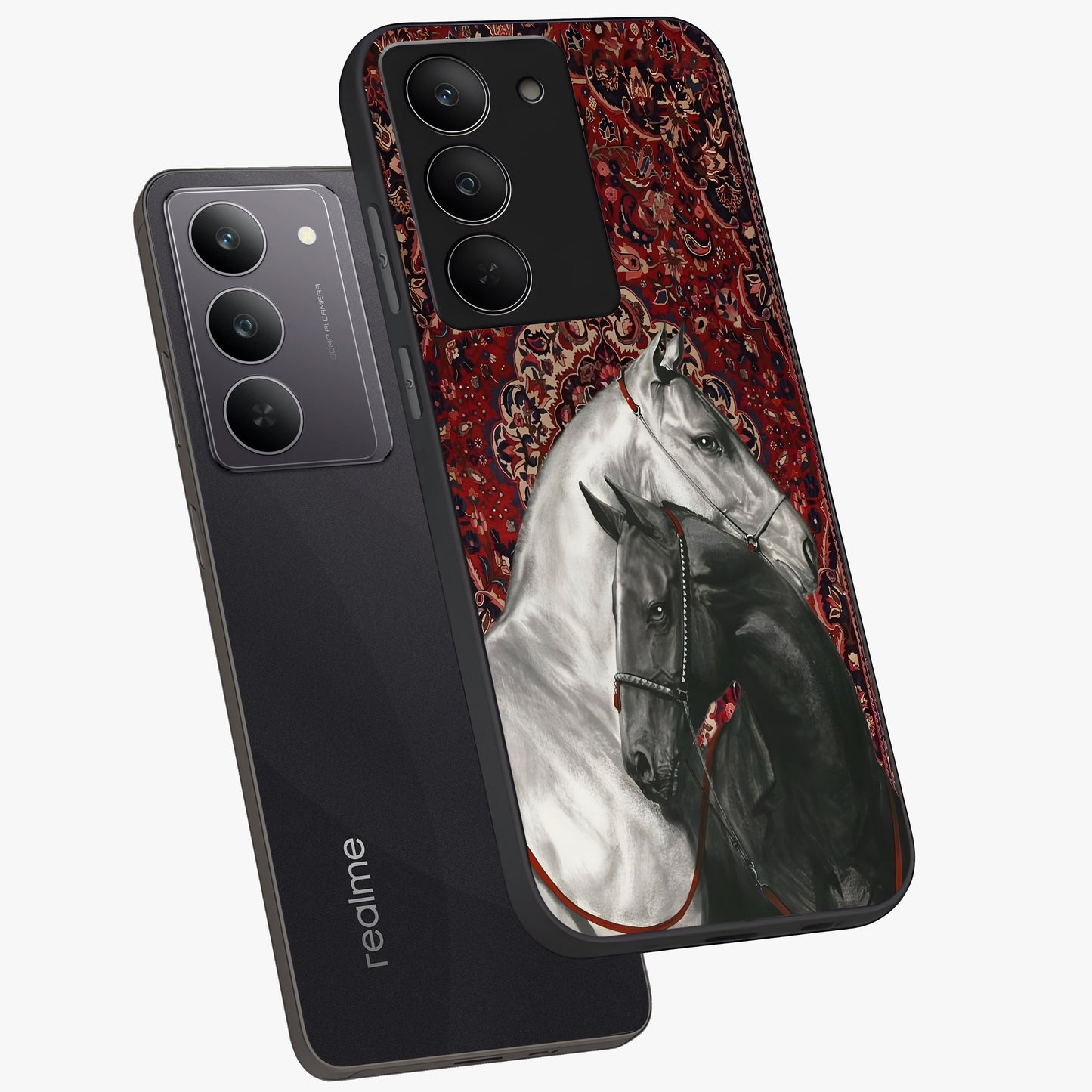 Regal Stallion Tapestry Glass Case displayed in angled mockup highlighting royal stallion design with decorative heritage aesthetic.