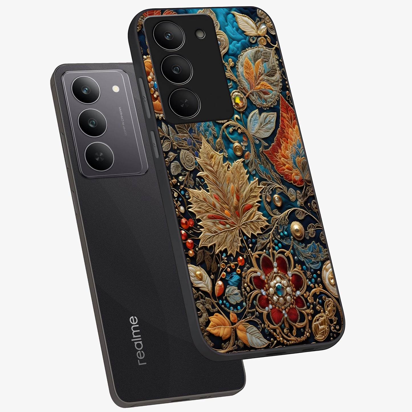 Royal Jewel Garden Glass Case displayed in angled mockup highlighting vibrant jewel inspired floral design with elegant aesthetic.