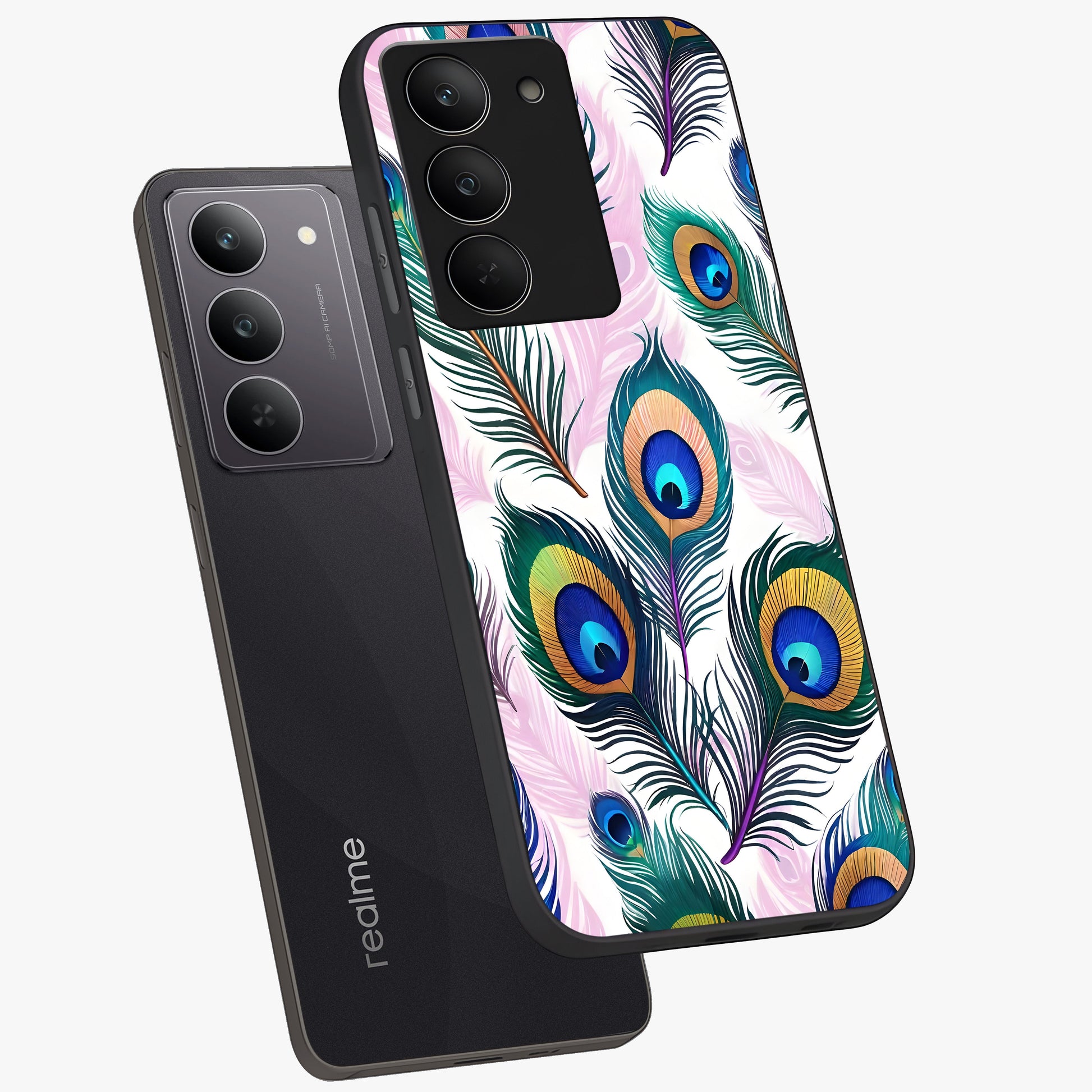 Royal Peacock Feathers Glass Case displayed in angled mockup highlighting vibrant feather pattern with regal aesthetic style.