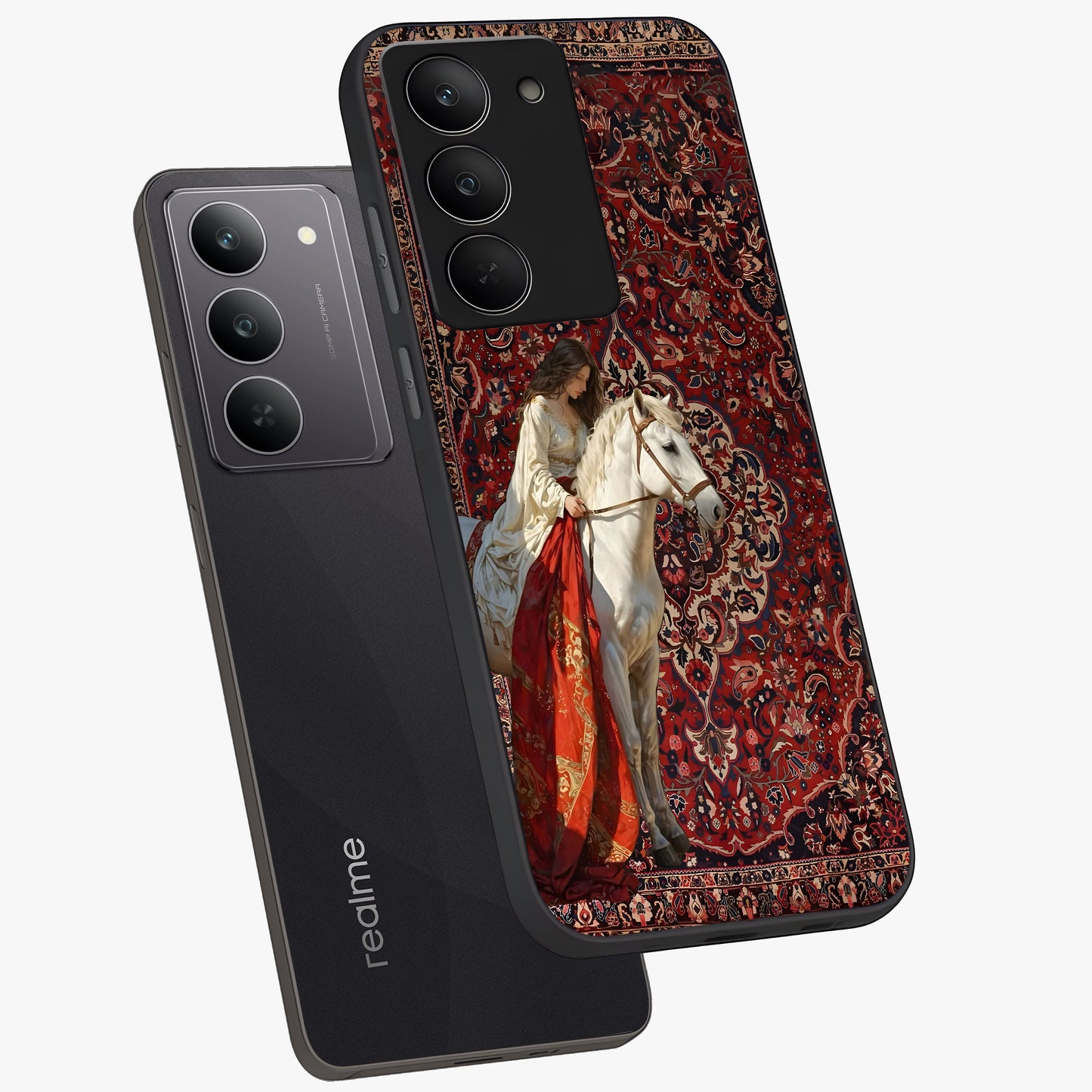 Royal Rider Tapestry Glass Case displayed in angled mockup highlighting traditional tapestry design with royal heritage aesthetic.