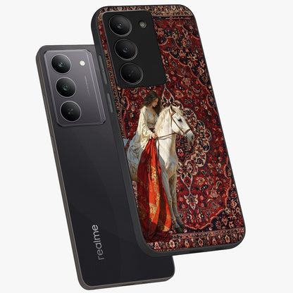 Royal Rider Tapestry Glass Case displayed in angled mockup highlighting traditional tapestry design with royal heritage aesthetic.