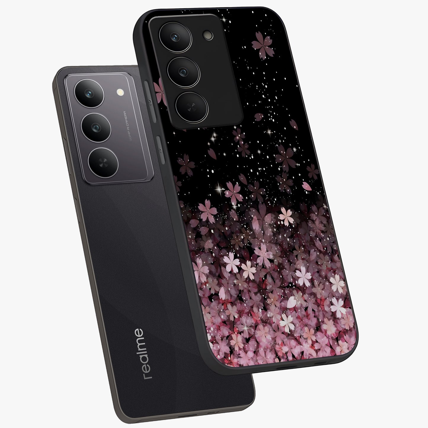 Small Starry Flowers Glass Case displayed in angled mockup highlighting tiny flower pattern with celestial aesthetic style.