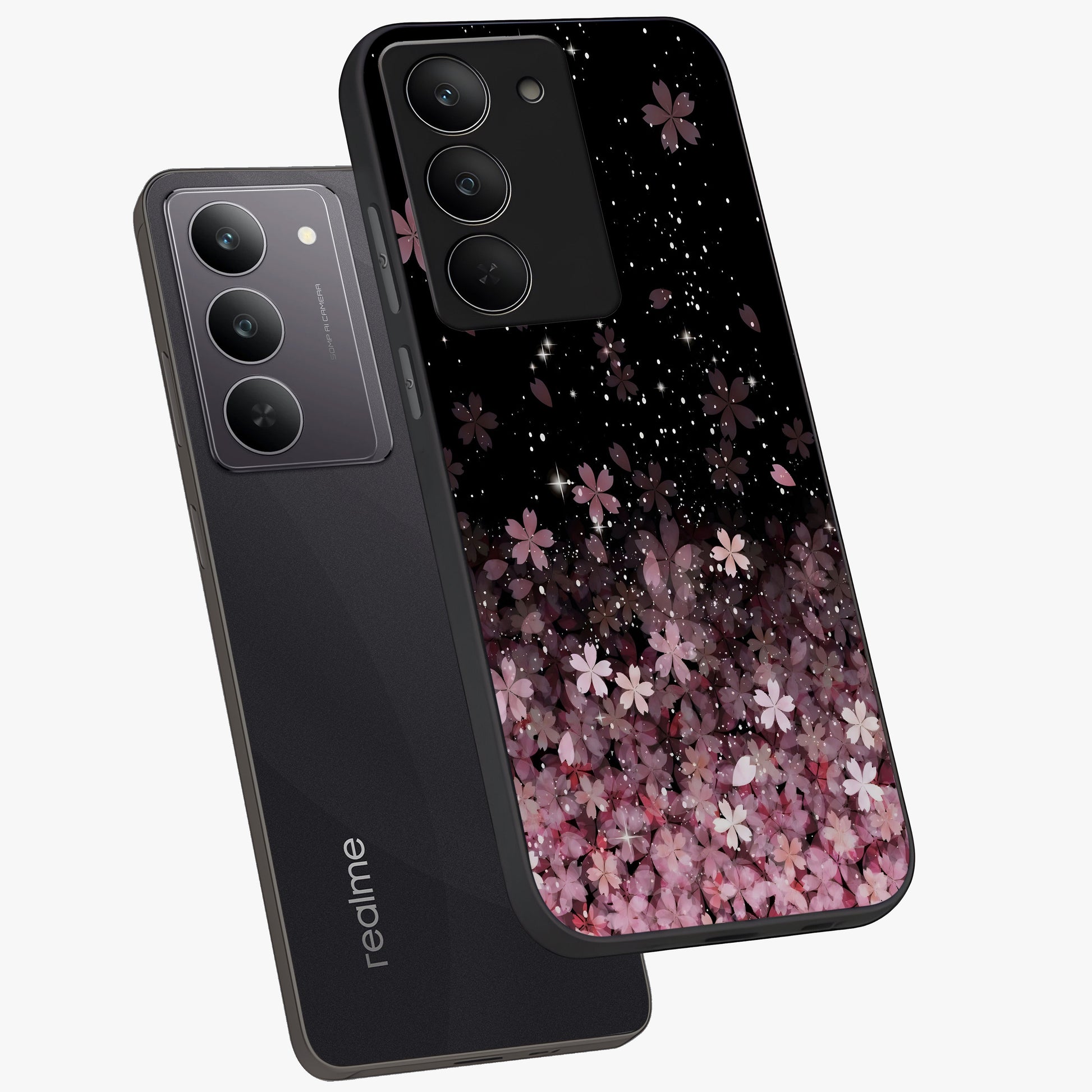 Small Starry Flowers Glass Case displayed in angled mockup highlighting tiny flower pattern with celestial aesthetic style.
