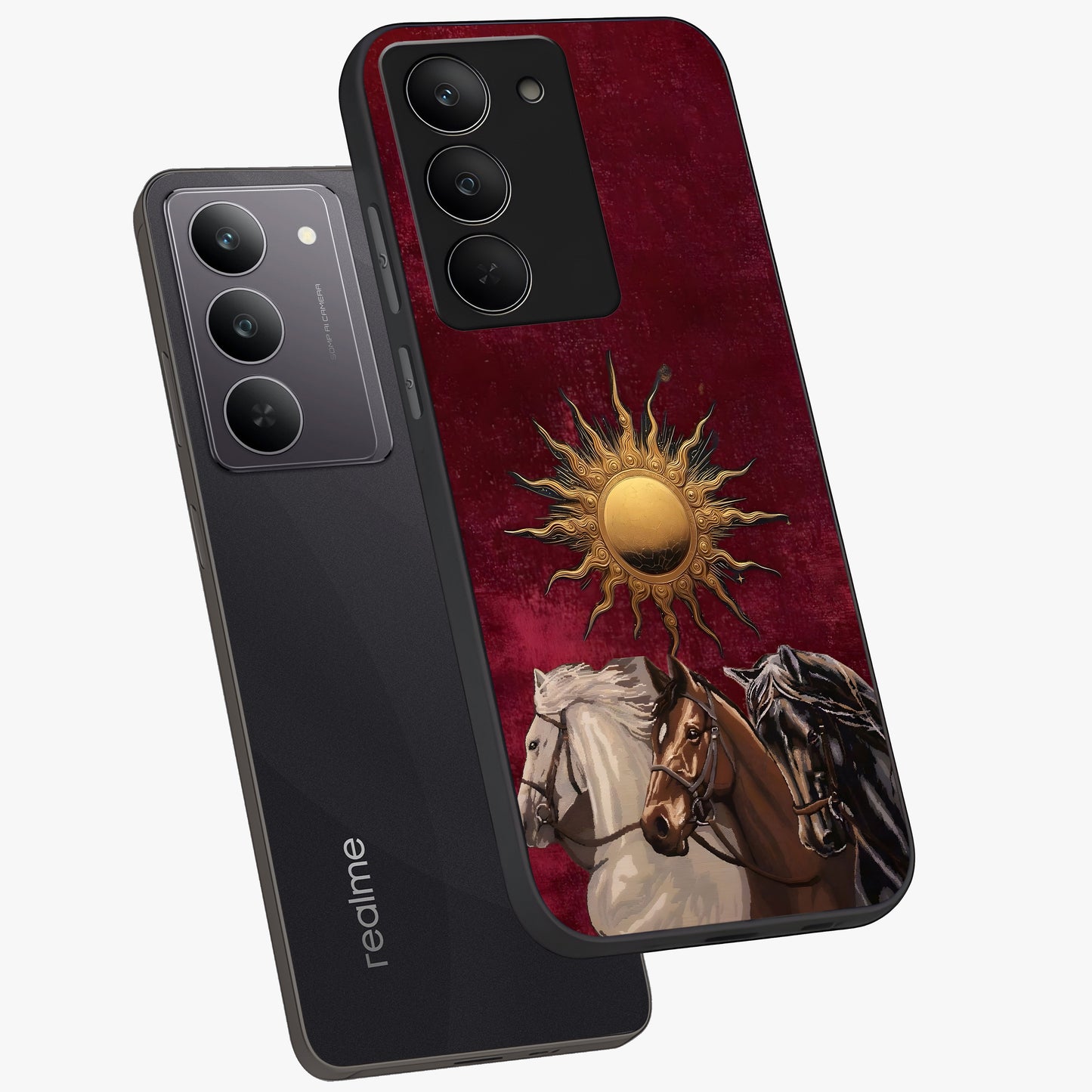 Solar Riders Glass Case displayed in angled mockup highlighting powerful rider illustration with radiant solar aesthetic.