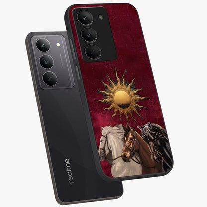 Solar Riders Glass Case displayed in angled mockup highlighting powerful rider illustration with radiant solar aesthetic.