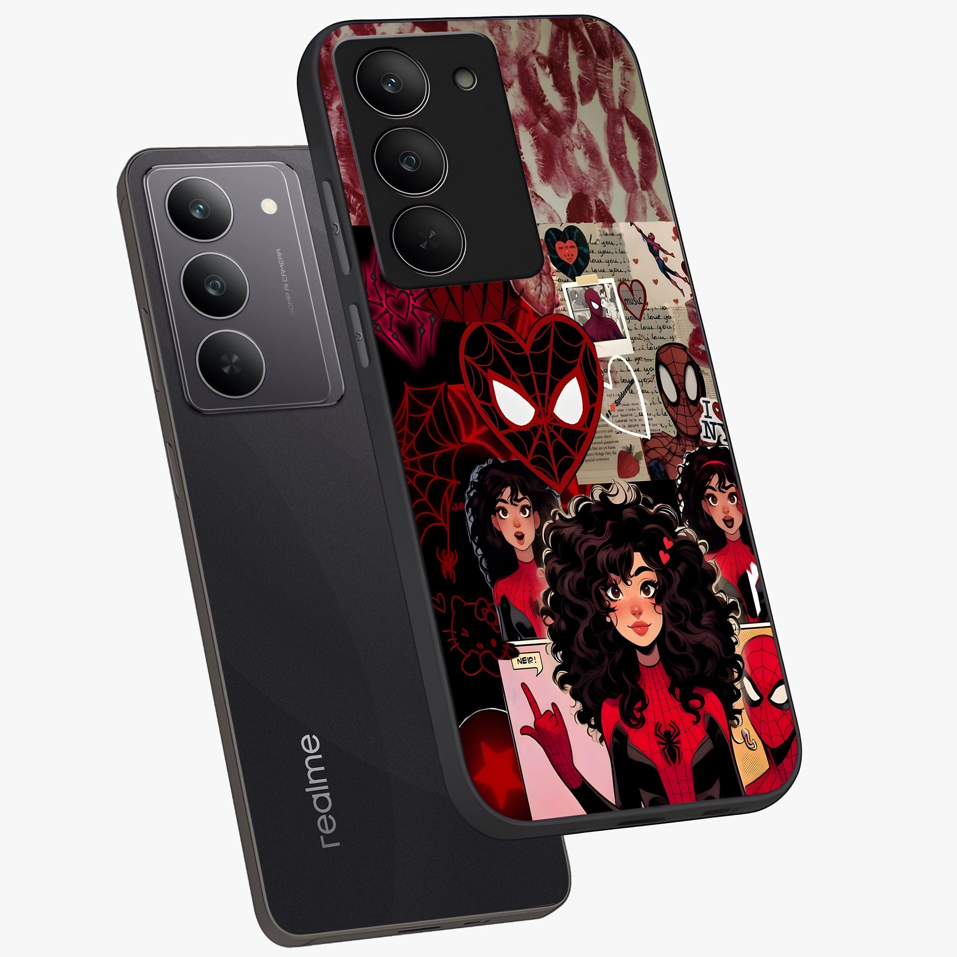 Spider Love Story Glass Case displayed in angled mockup highlighting expressive comic inspired design with playful aesthetic.