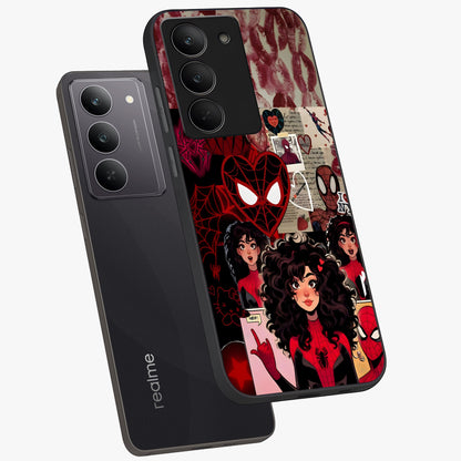 Spider Love Story Glass Case displayed in angled mockup highlighting expressive comic inspired design with playful aesthetic.
