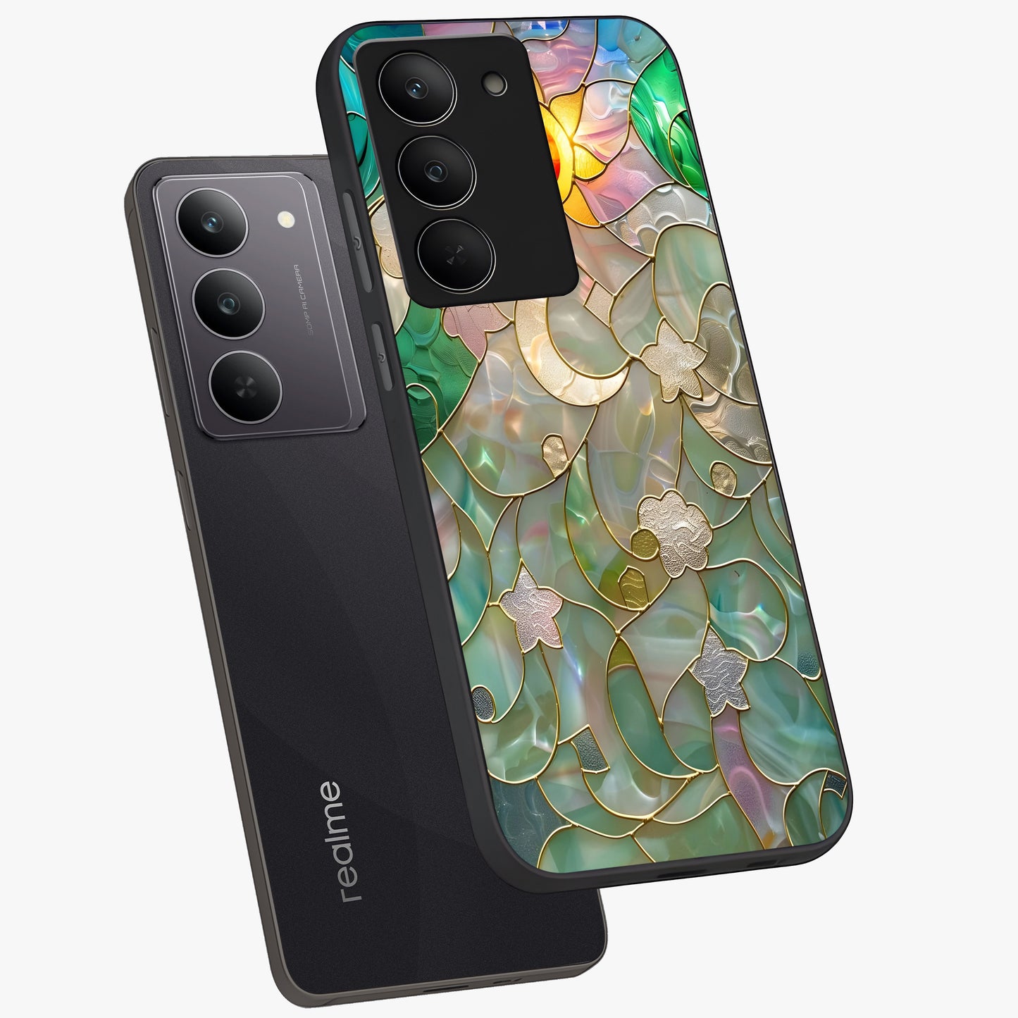 Stained Sunrise Glow Glass Case displayed in angled mockup highlighting radiant sunrise design with artistic aesthetic style.
