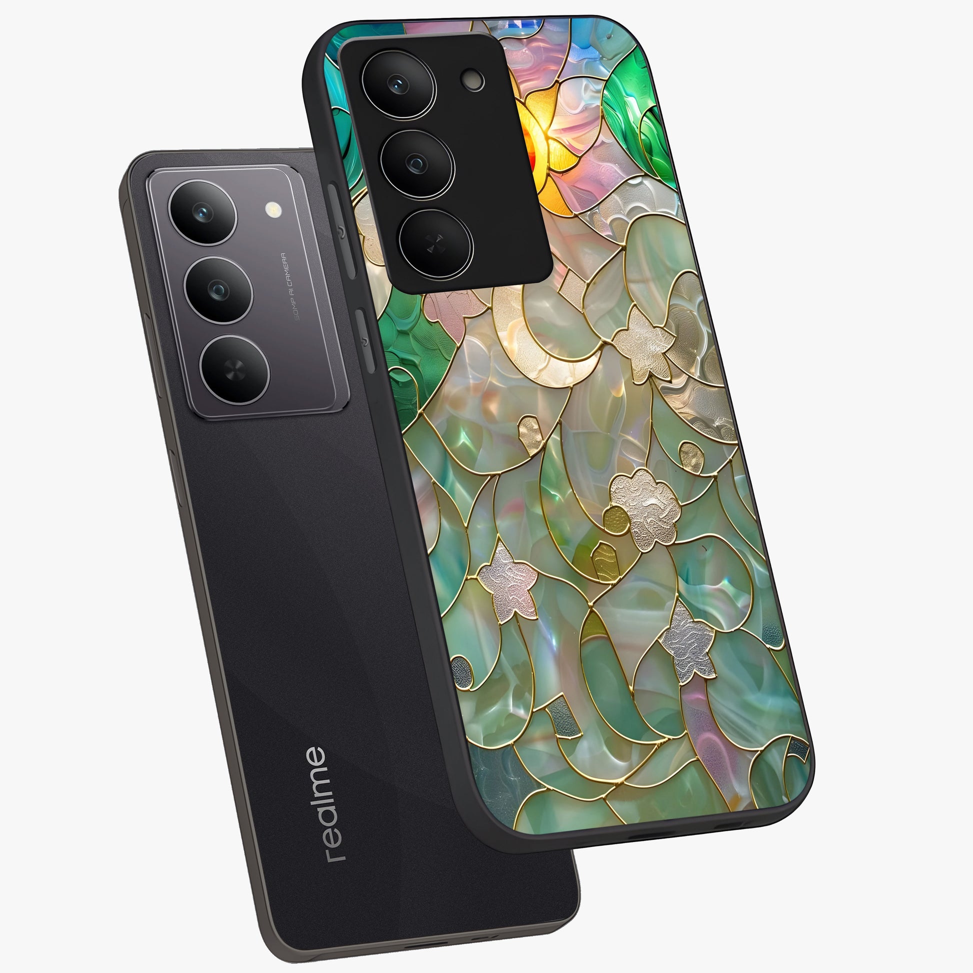 Stained Sunrise Glow Glass Case displayed in angled mockup highlighting radiant sunrise design with artistic aesthetic style.