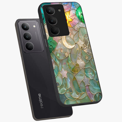 Stained Sunrise Glow Glass Case displayed in angled mockup highlighting radiant sunrise design with artistic aesthetic style.