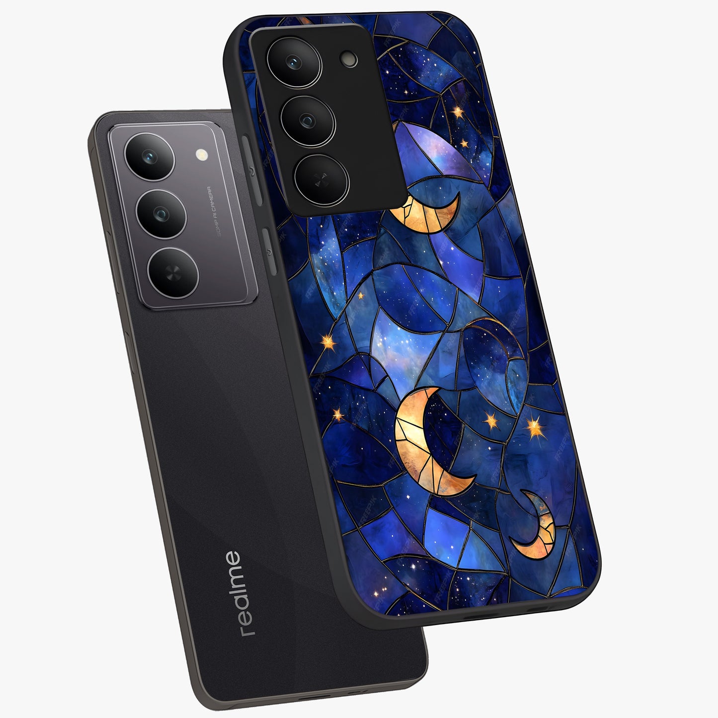 Starlit Sky Tapestry Glass Case displayed in angled mockup highlighting celestial night pattern with artistic aesthetic style.