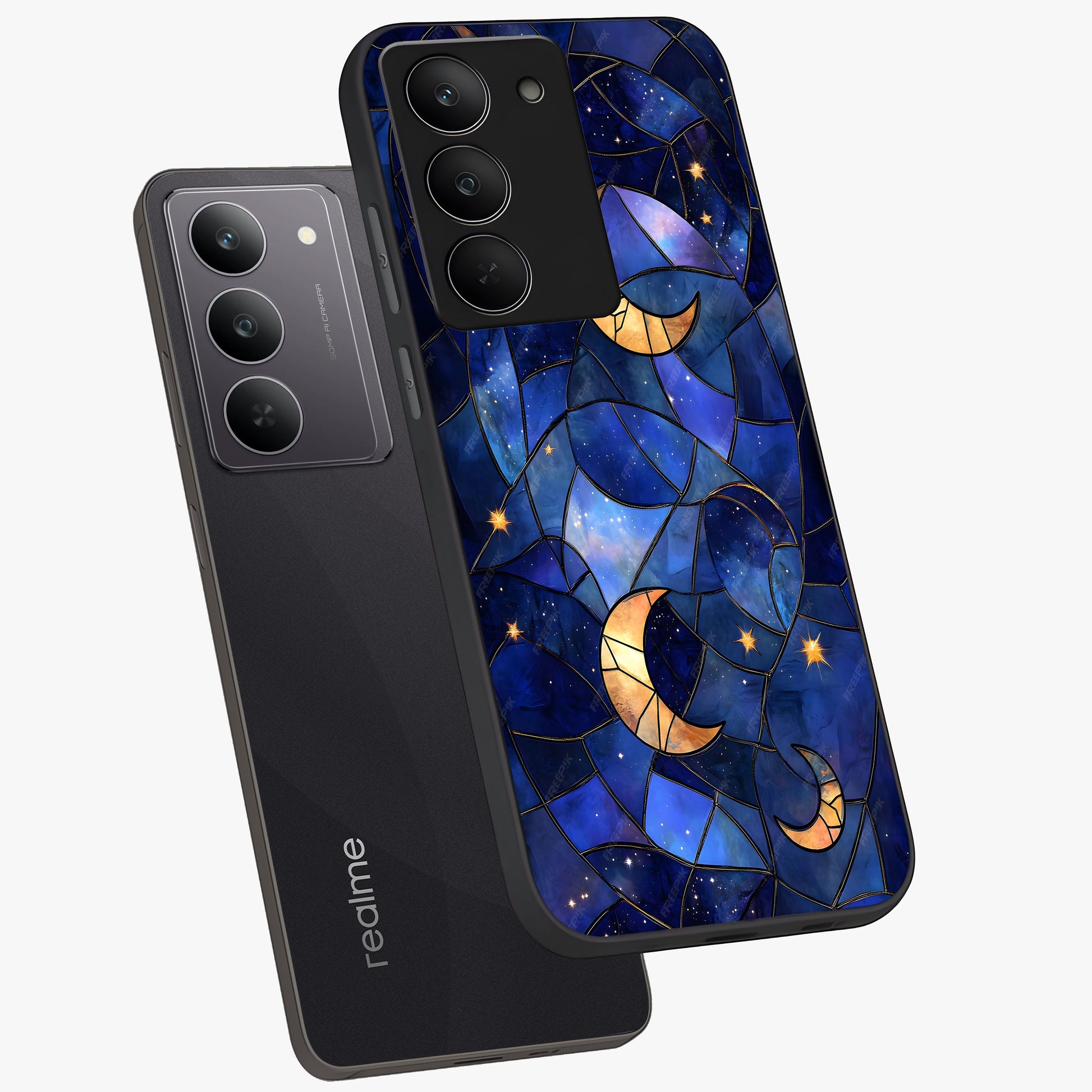 Starlit Sky Tapestry Glass Case displayed in angled mockup highlighting celestial night pattern with artistic aesthetic style.