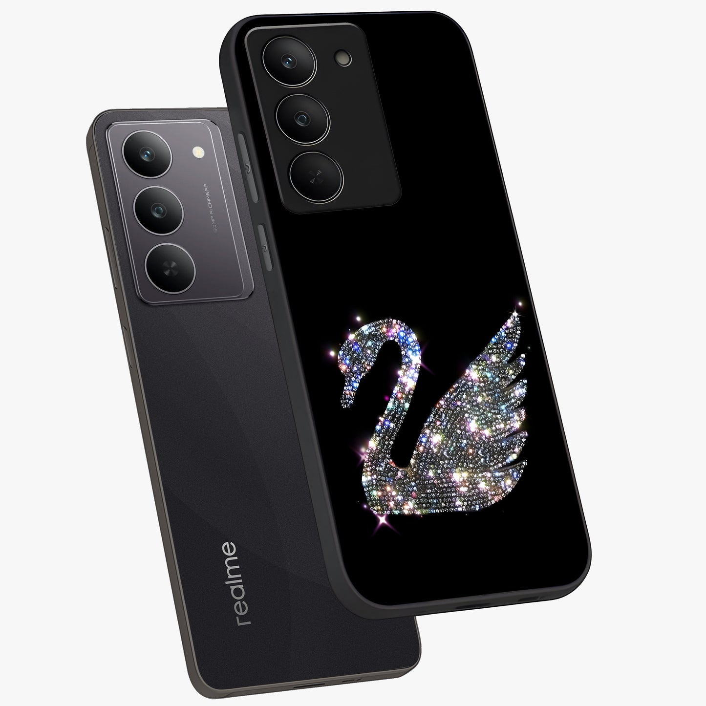 Starlit Swan Grace Glass Case displayed in angled mockup highlighting elegant swan illustration with dreamy celestial aesthetic.