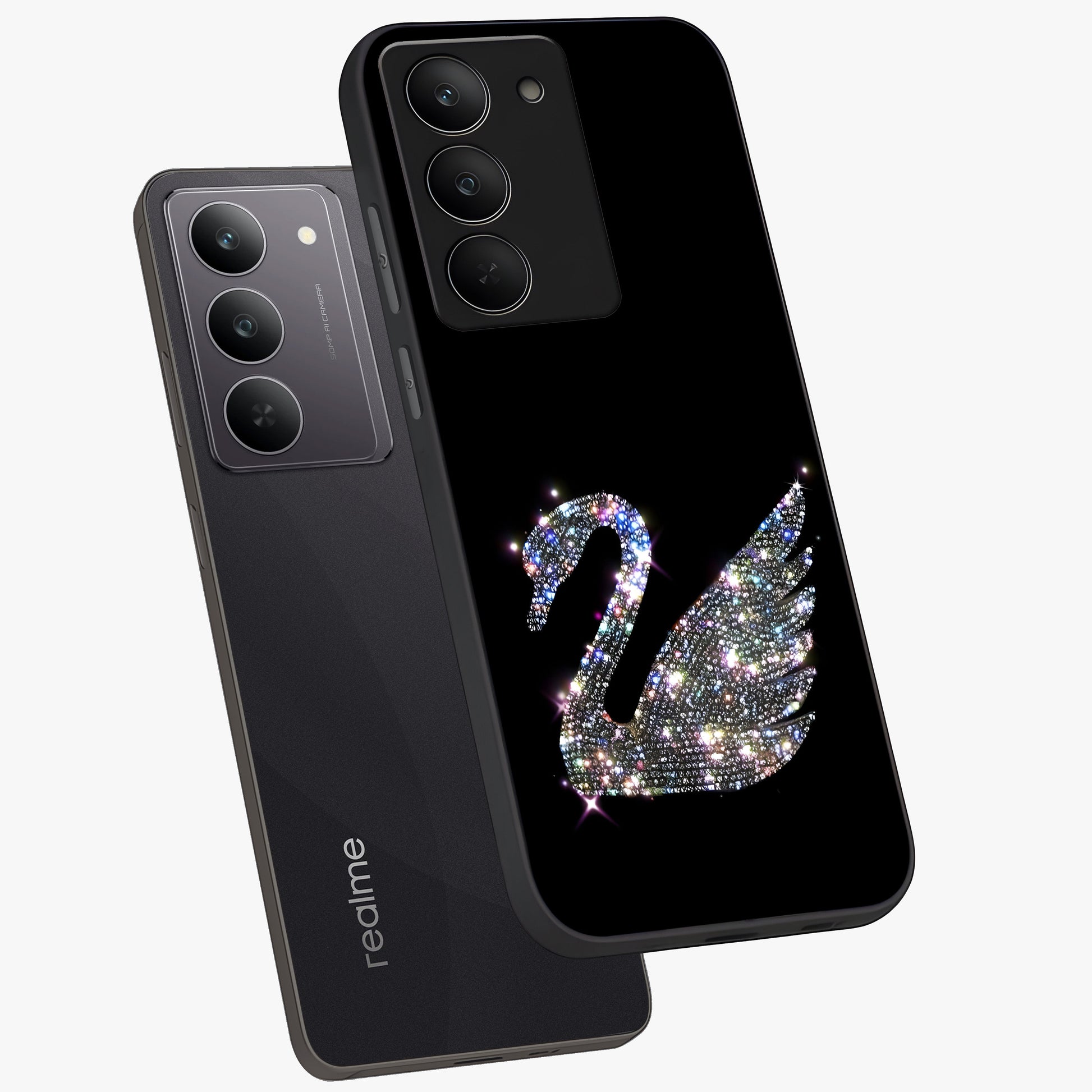 Starlit Swan Grace Glass Case displayed in angled mockup highlighting elegant swan illustration with dreamy celestial aesthetic.