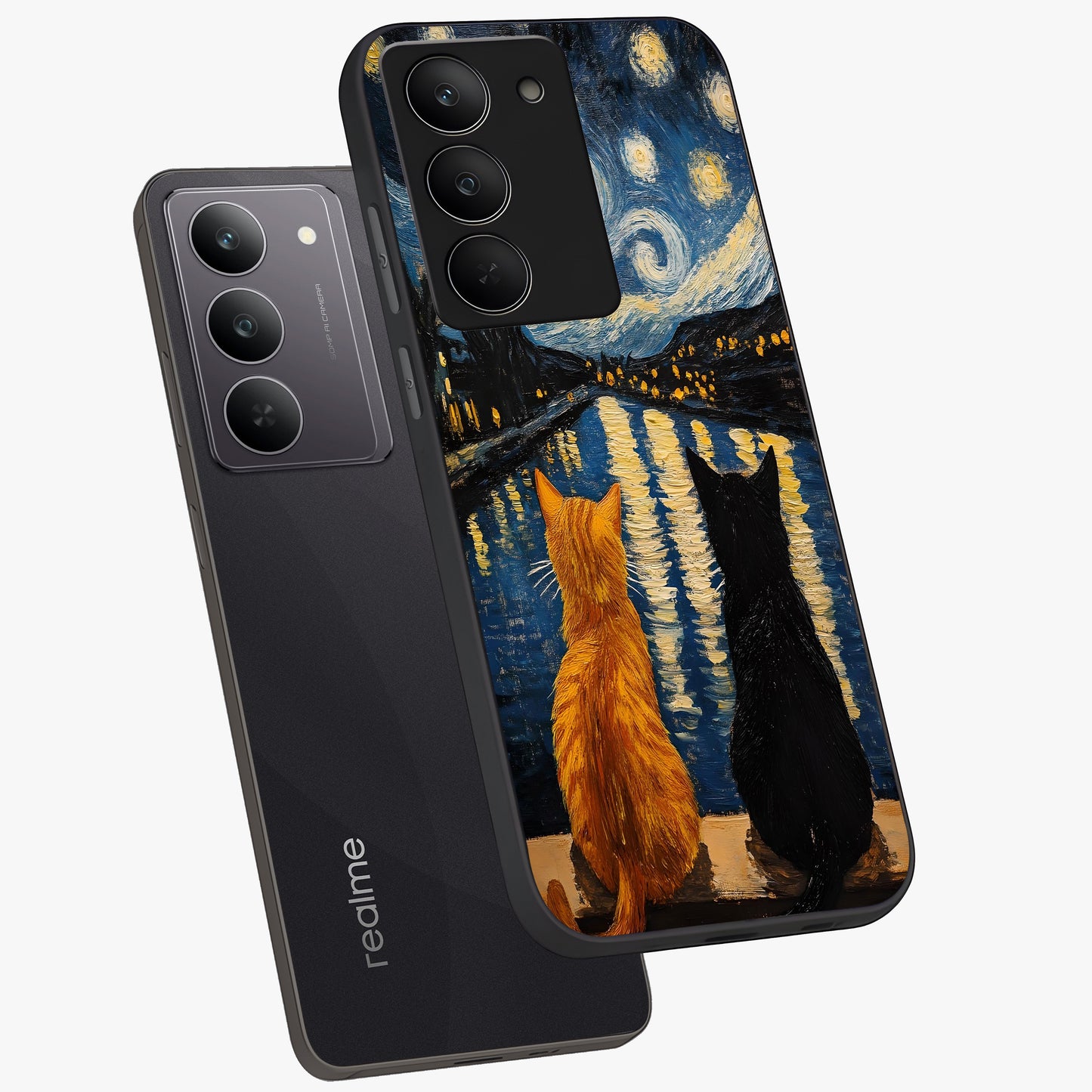 Starry River Cats Glass Case displayed in angled mockup highlighting charming feline illustration with dreamy night aesthetic.