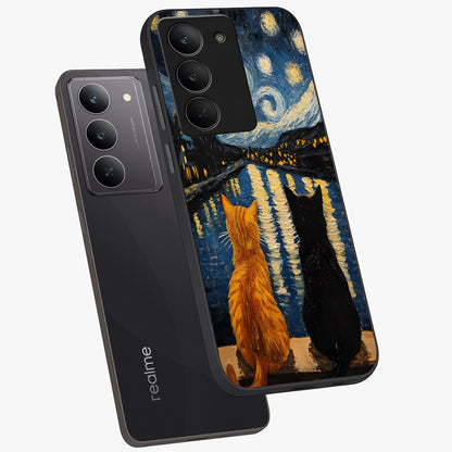 Starry River Cats Glass Case displayed in angled mockup highlighting charming feline illustration with dreamy night aesthetic.
