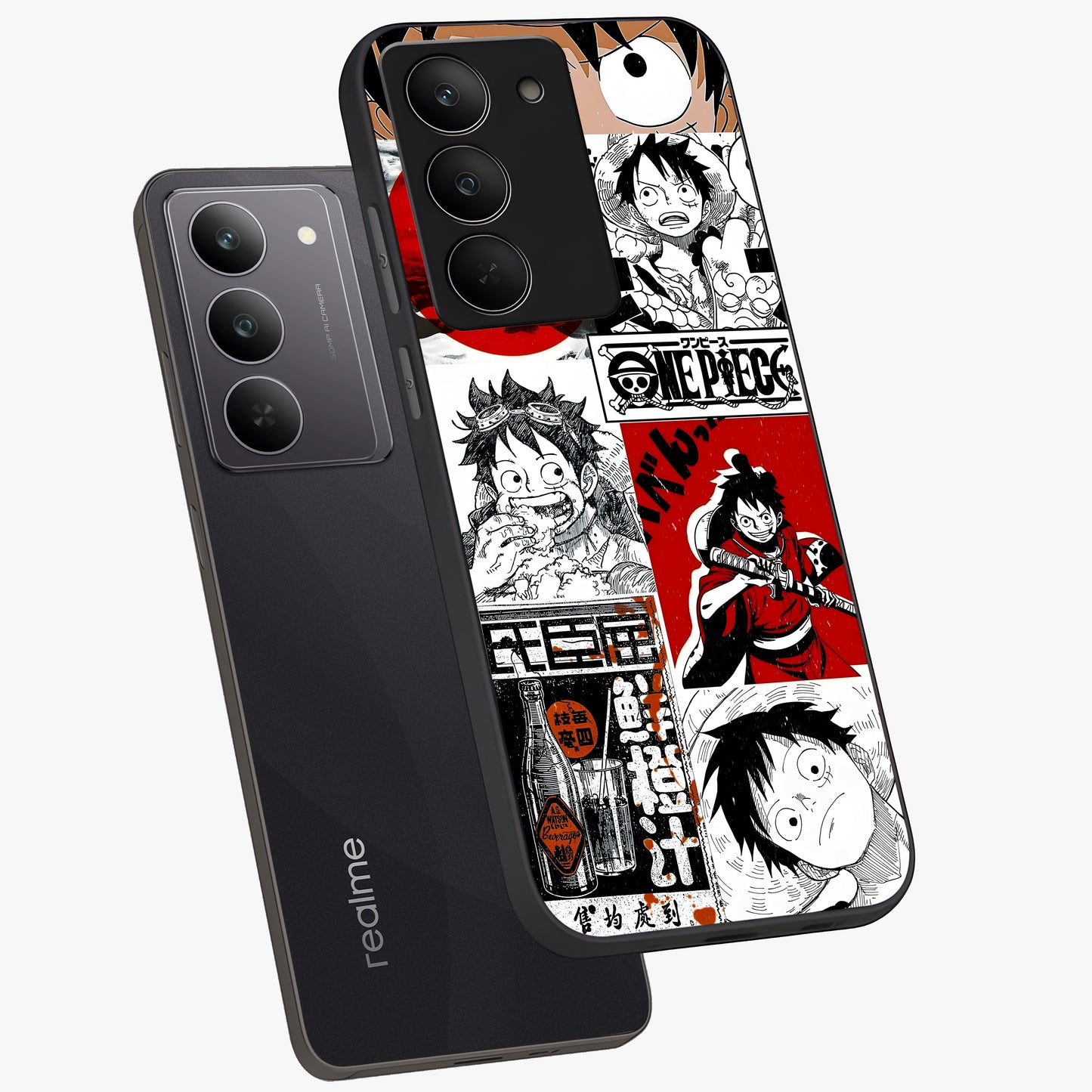 Strawhat Chaos Panels Glass Case displayed in angled mockup highlighting vibrant anime collage design with action aesthetic.