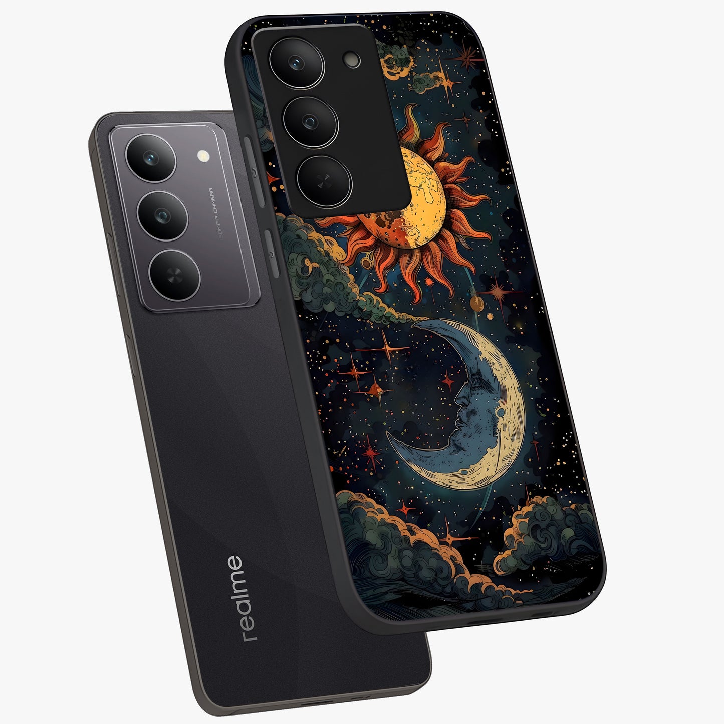 Sun And Moon Magic Design Glass Case displayed in angled mockup highlighting celestial design with magical cosmic aesthetic.
