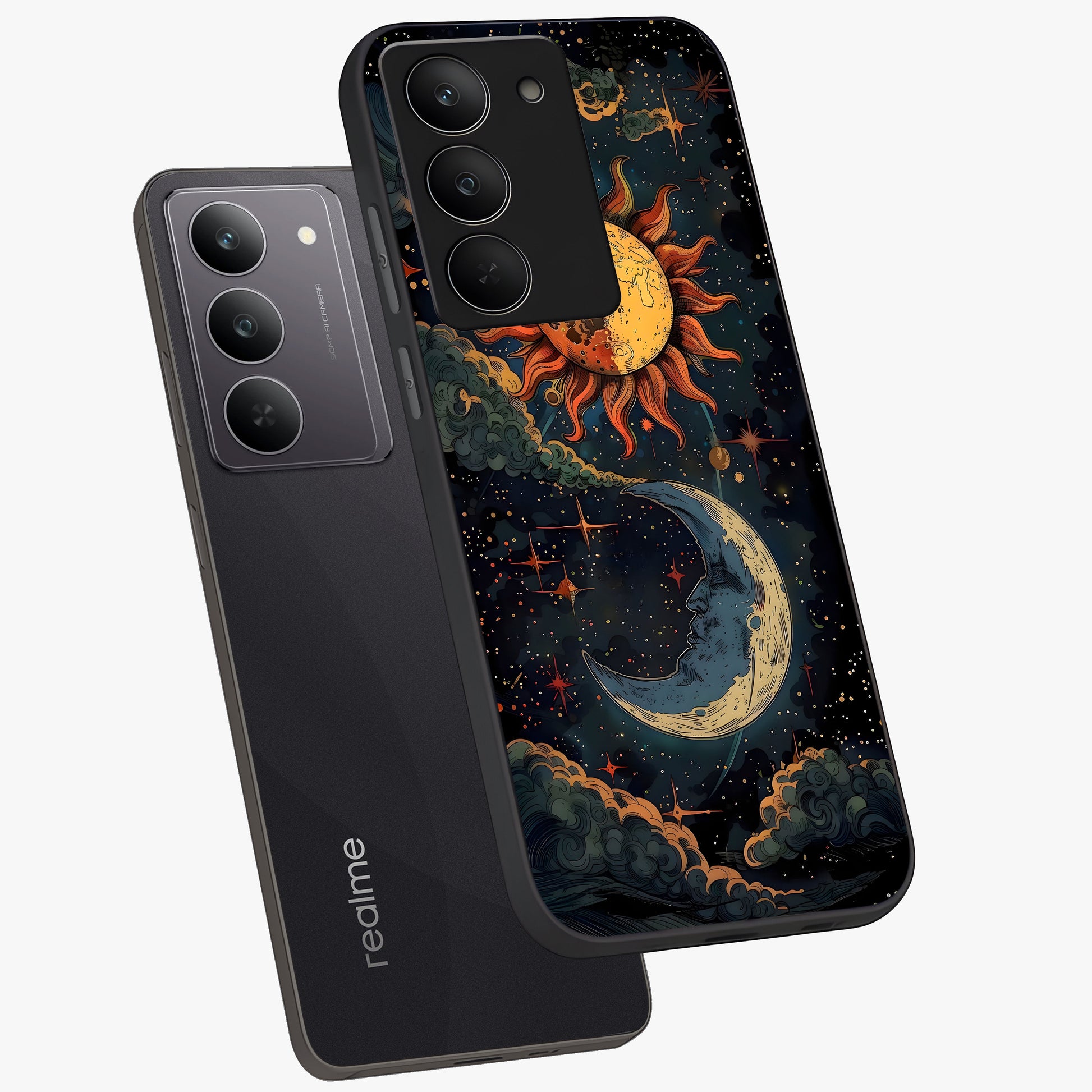 Sun And Moon Magic Design Glass Case displayed in angled mockup highlighting celestial design with magical cosmic aesthetic.