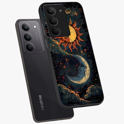 Sun And Moon Magic Design Glass Case displayed in angled mockup highlighting celestial design with magical cosmic aesthetic.