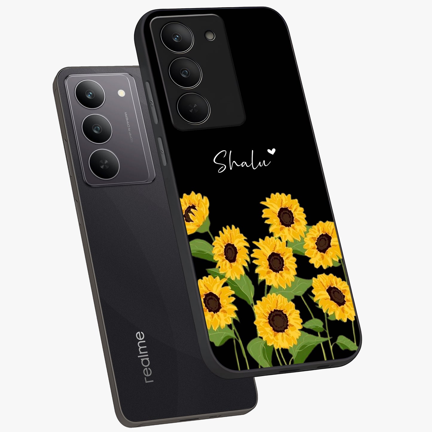 Sunflower Chic Mood Custom Name Glass Case displayed in angled mockup highlighting vibrant sunflower design with custom name feature.