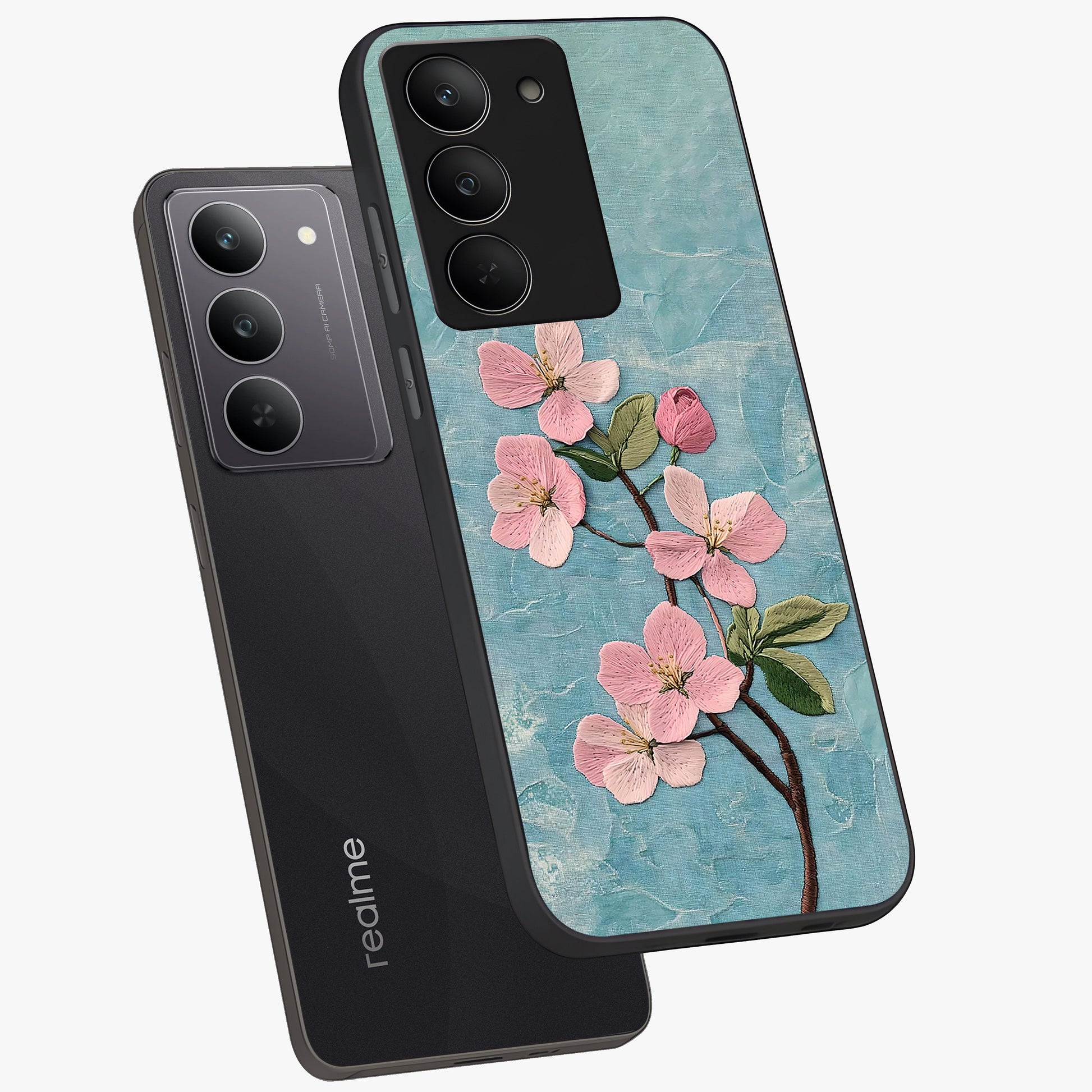 Threaded Blossom Breeze Glass Case displayed in angled mockup highlighting elegant floral design with soft aesthetic style.