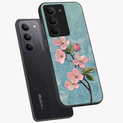 Threaded Blossom Breeze Glass Case displayed in angled mockup highlighting elegant floral design with soft aesthetic style.