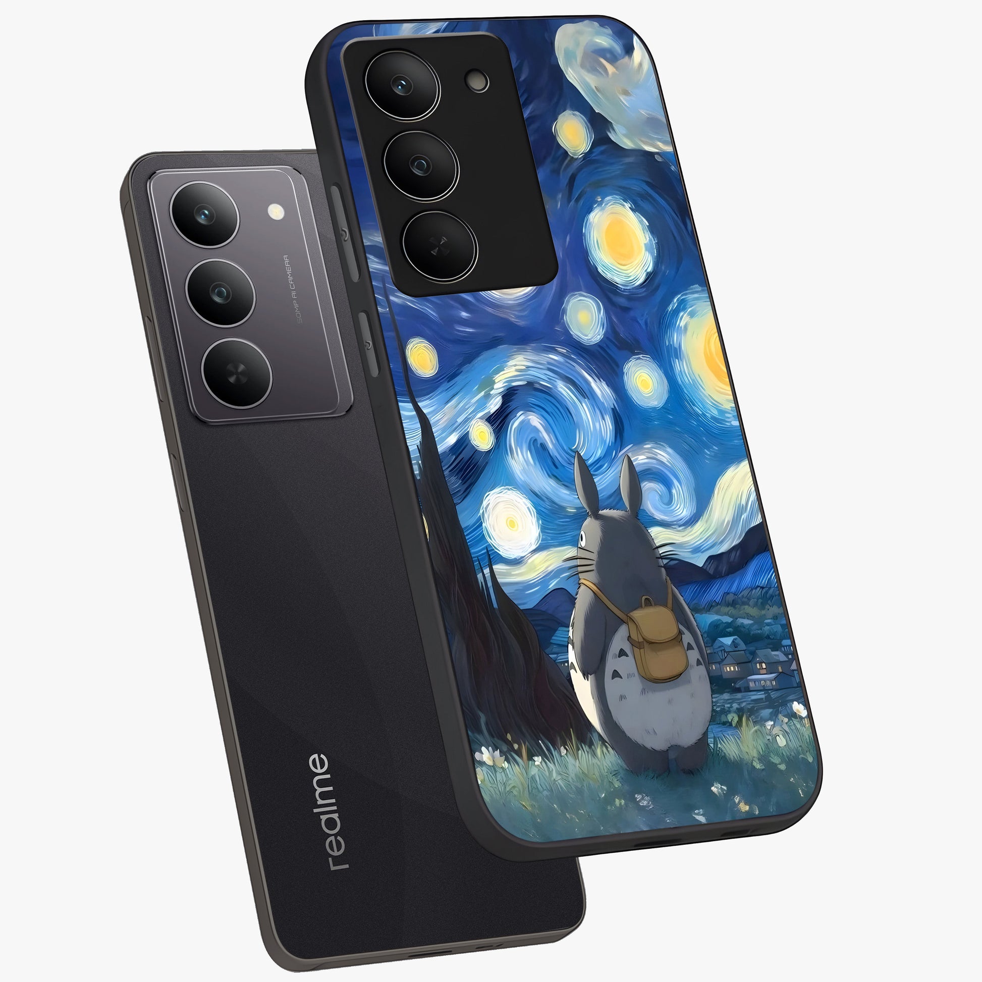 Totoro In Van Gogh Art Glass Case displayed in angled mockup highlighting artistic swirling sky design with playful animation aesthetic.