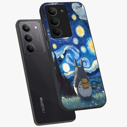 Totoro In Van Gogh Art Glass Case displayed in angled mockup highlighting artistic swirling sky design with playful animation aesthetic.