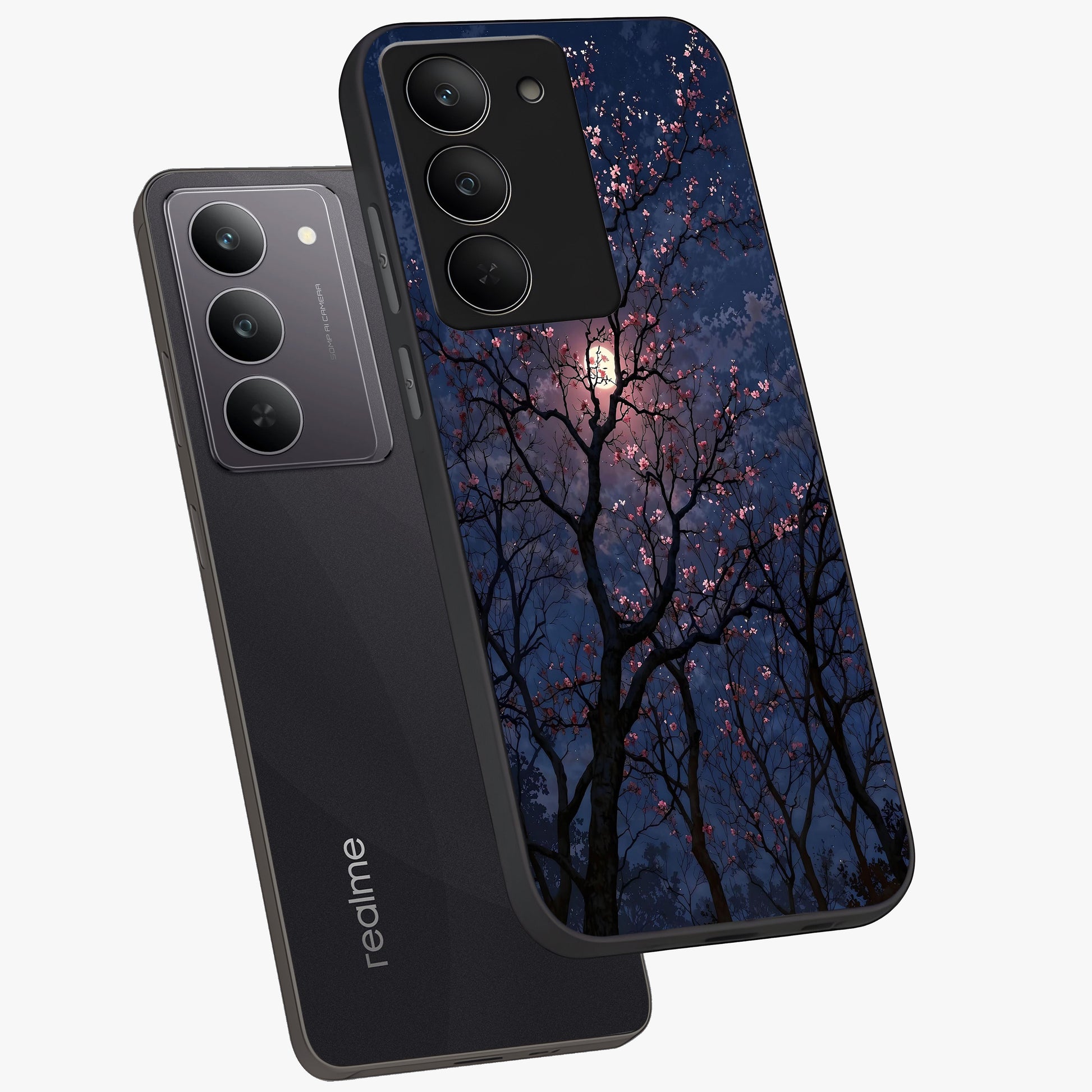 Twilight Sakura Serenade Glass Case displayed in angled mockup highlighting delicate sakura flower design with dreamy aesthetic.