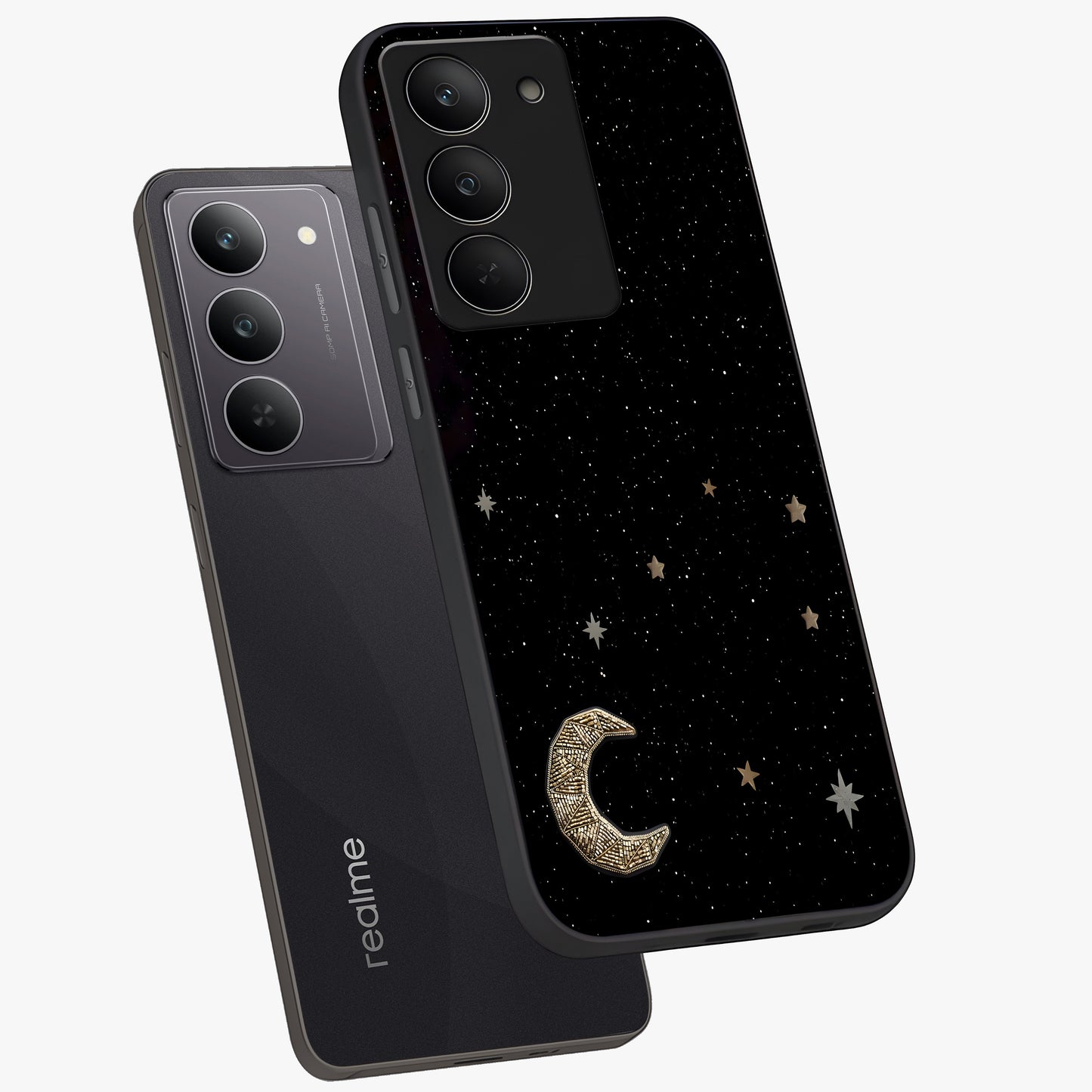 Twinkle Star With Half Moon Glass Case displayed in angled mockup highlighting celestial moon and star design with magical aesthetic.