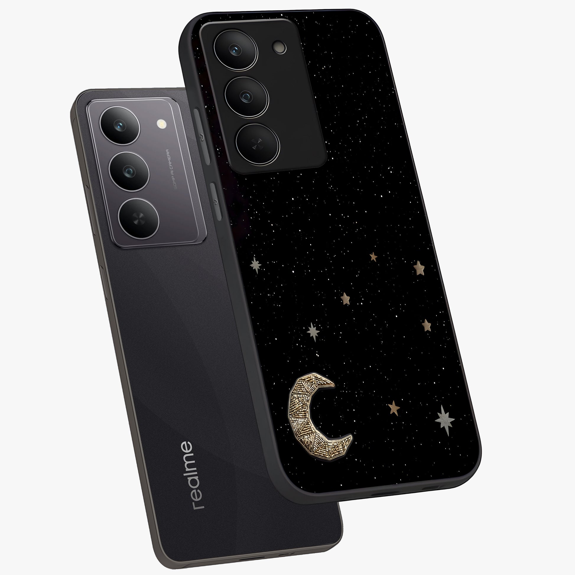 Twinkle Star With Half Moon Glass Case displayed in angled mockup highlighting celestial moon and star design with magical aesthetic.