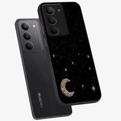 Twinkle Star With Half Moon Glass Case displayed in angled mockup highlighting celestial moon and star design with magical aesthetic.
