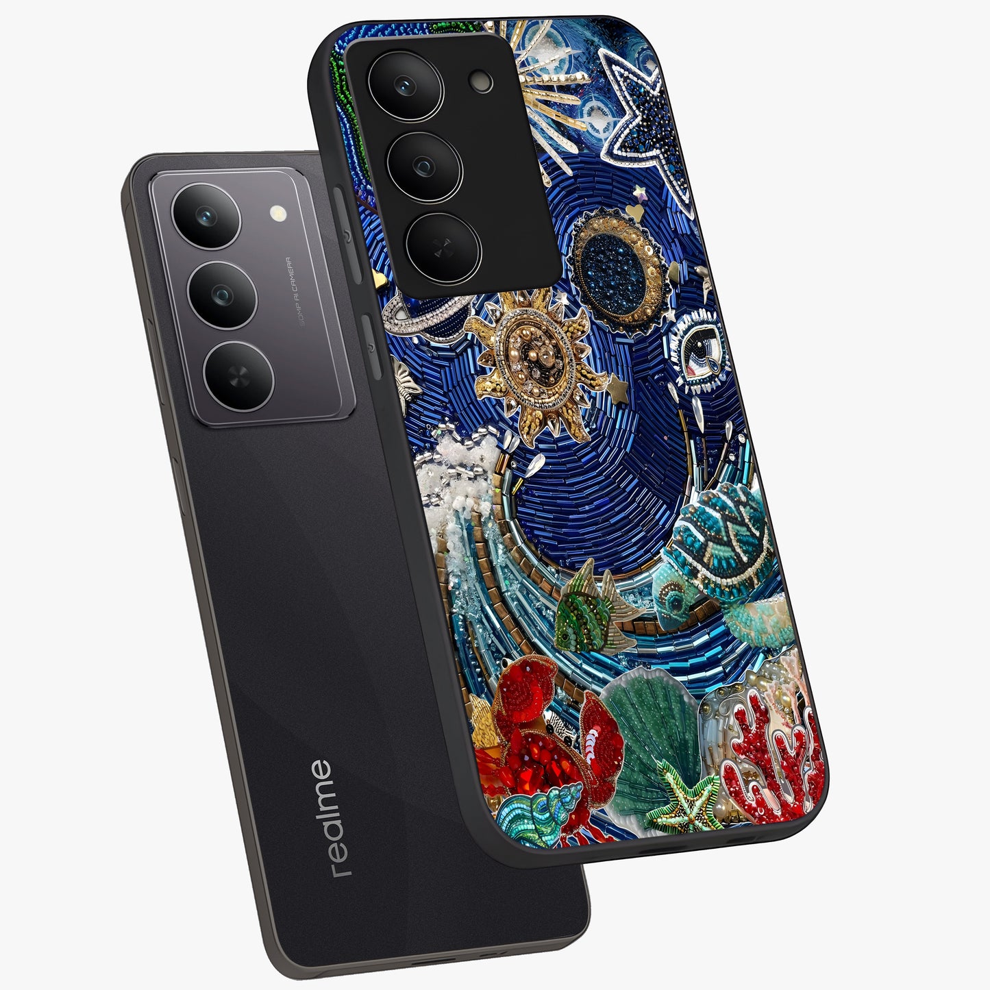 Universe Underwater Spark Glass Case displayed in angled mockup highlighting glowing aquatic design with celestial aesthetic.