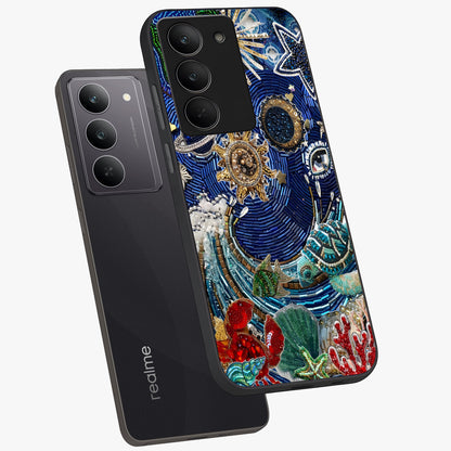 Universe Underwater Spark Glass Case displayed in angled mockup highlighting glowing aquatic design with celestial aesthetic.