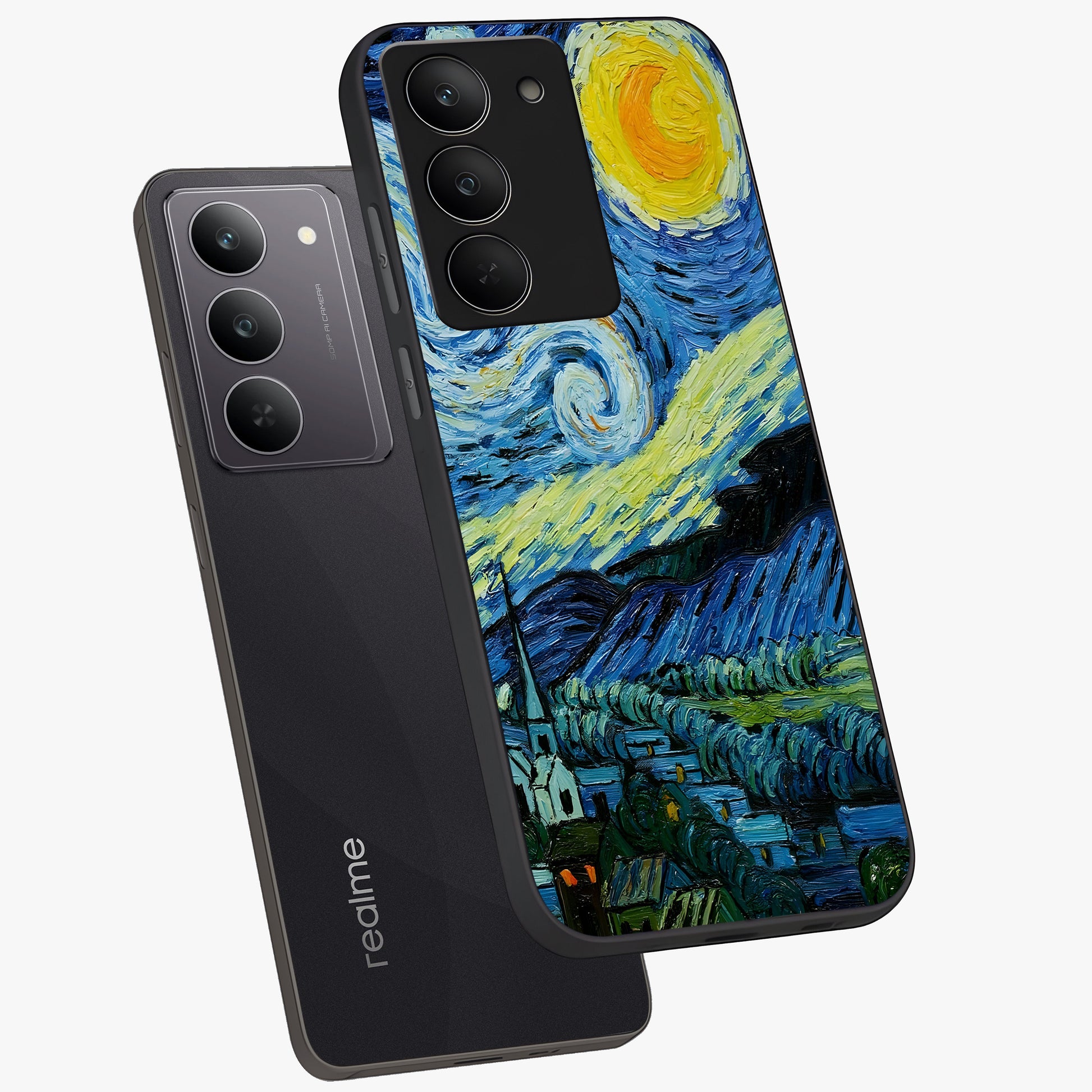 Van Gogh Art Glass Case displayed in angled mockup highlighting swirling brushstroke design with artistic aesthetic.