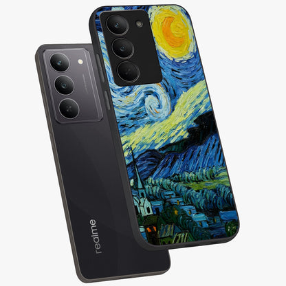 Van Gogh Art Glass Case displayed in angled mockup highlighting swirling brushstroke design with artistic aesthetic.