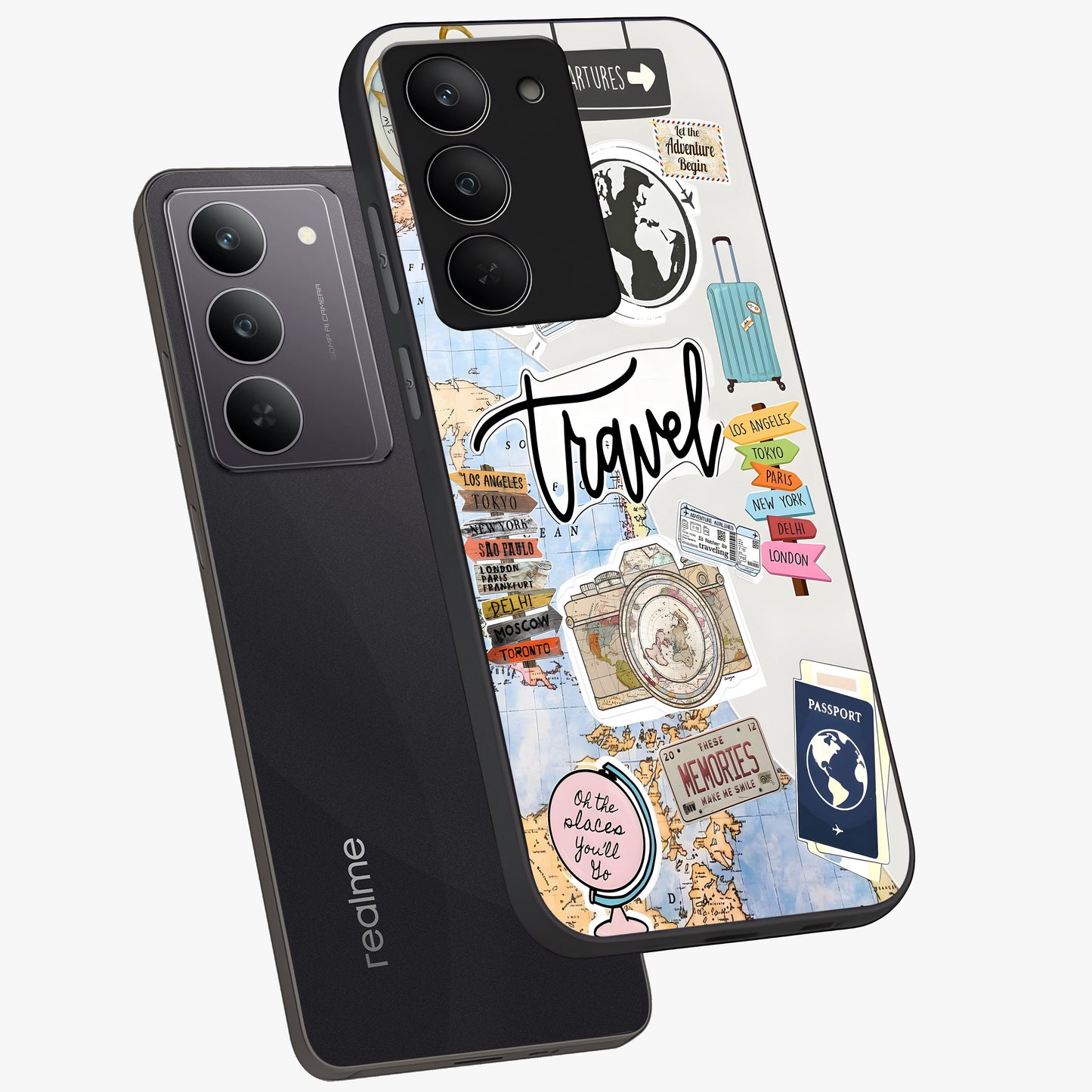 Wanderlust Journal Glass Case displayed in angled mockup highlighting adventure themed design with aesthetic travel vibe.