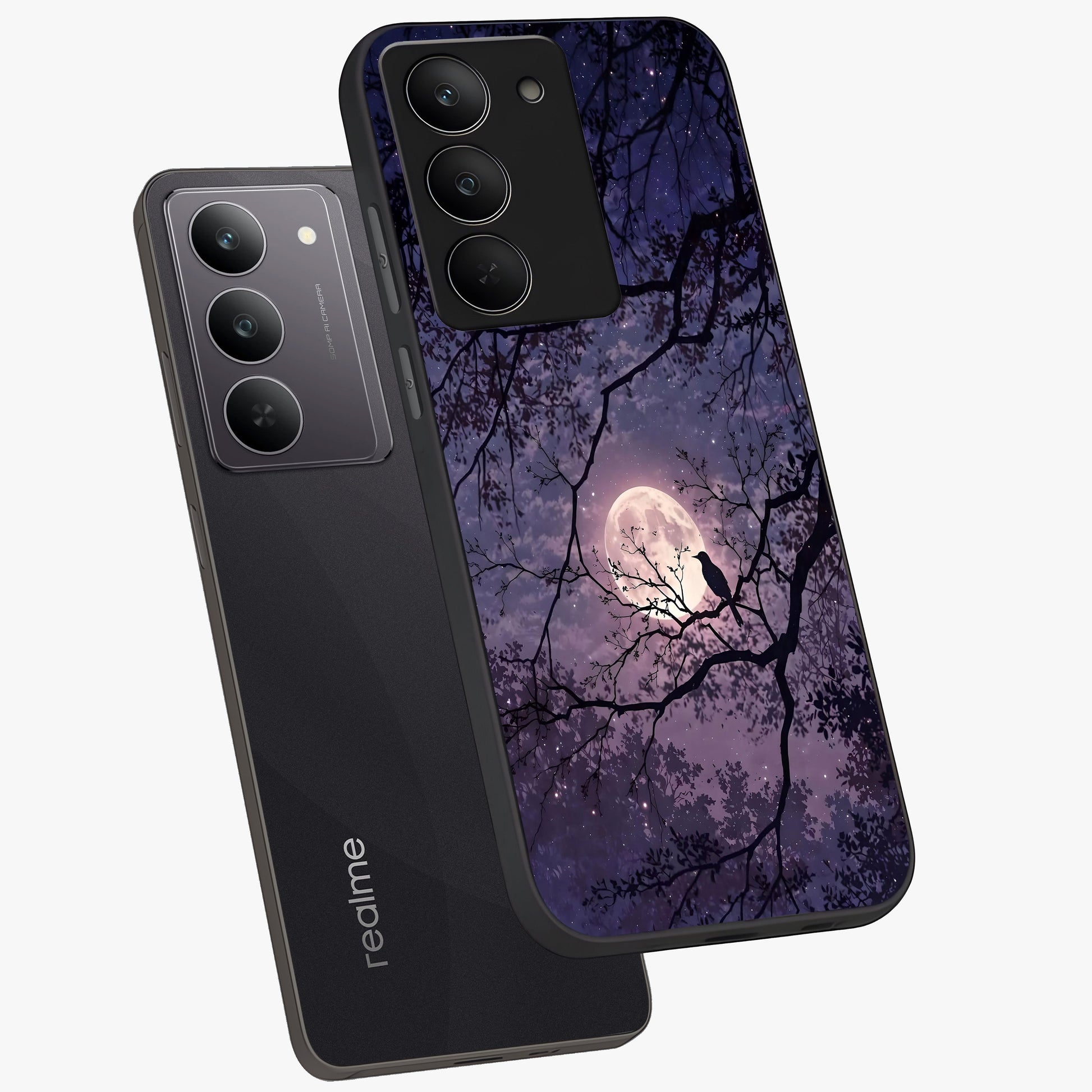 Whispering Moon Silence Glass Case displayed in angled mockup highlighting calm lunar design with dreamy night aesthetic.
