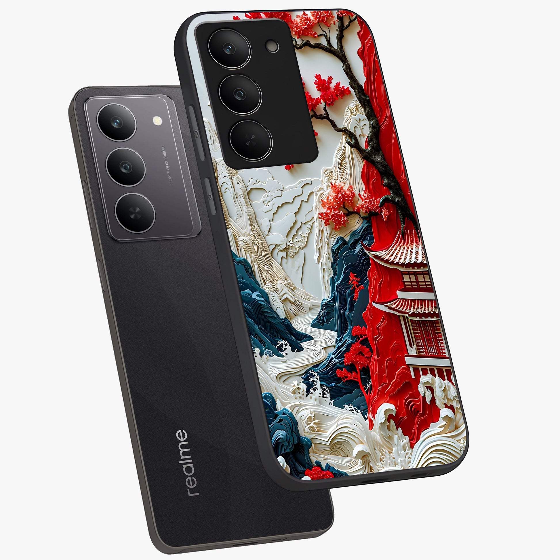 Whispers Of Sakura Waves Glass Case displayed in angled mockup highlighting flowing sakura design with soft floral aesthetic.