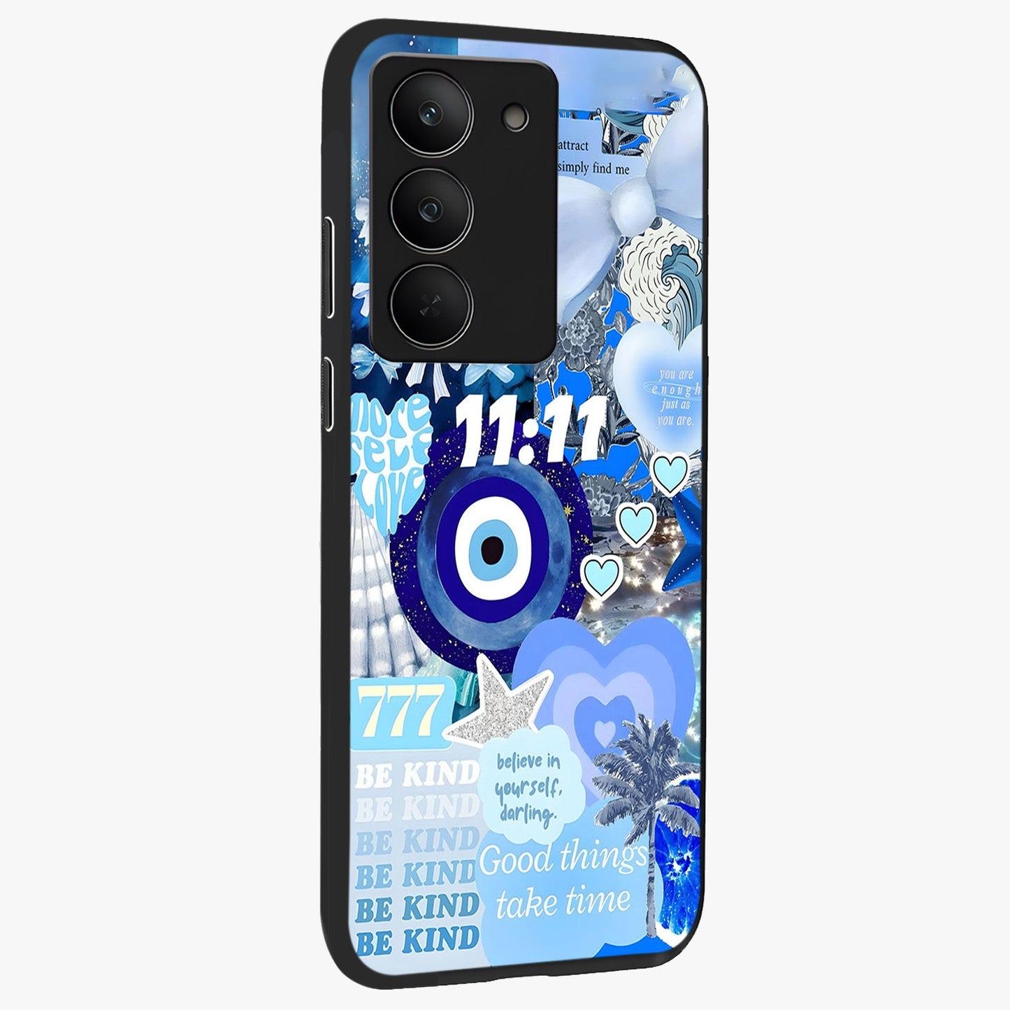 Aesthetic Be Kind Eye Glass Case upright view showcasing stylish eye illustration with positive message theme.